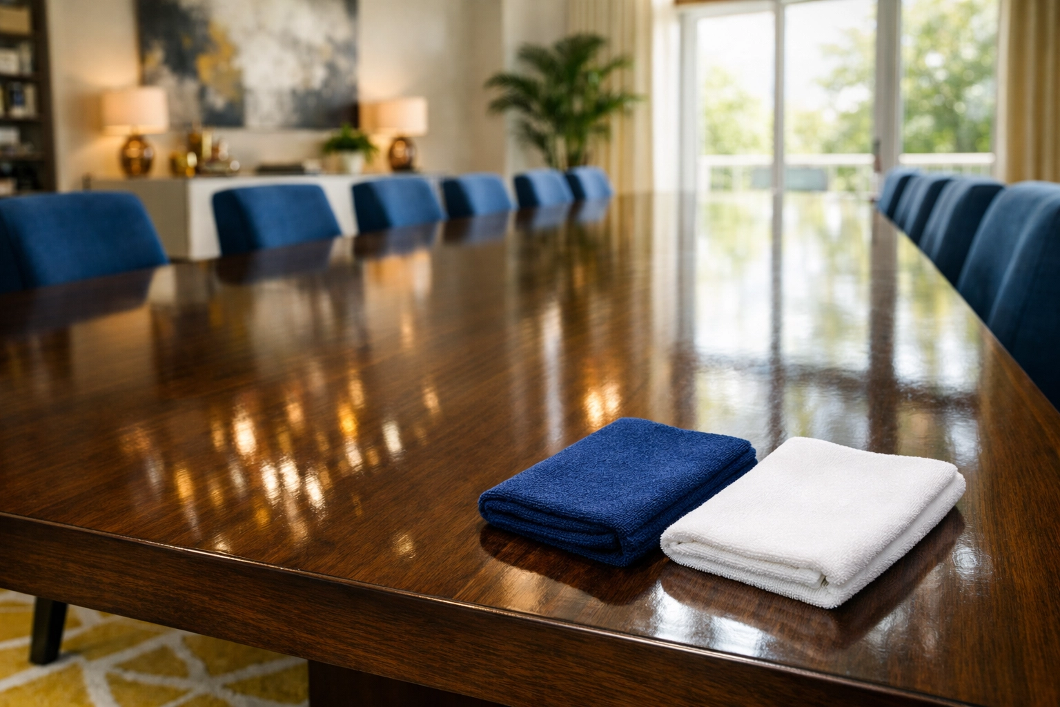 Streak-free shine on a dark walnut dining table after using professional wood polishing tips.