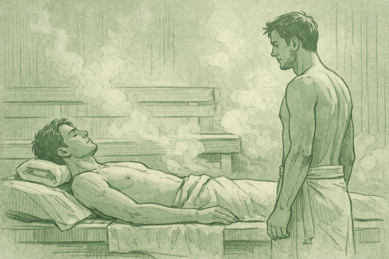 Two men in sauna massage session - exploring physical intimacy in gay literature