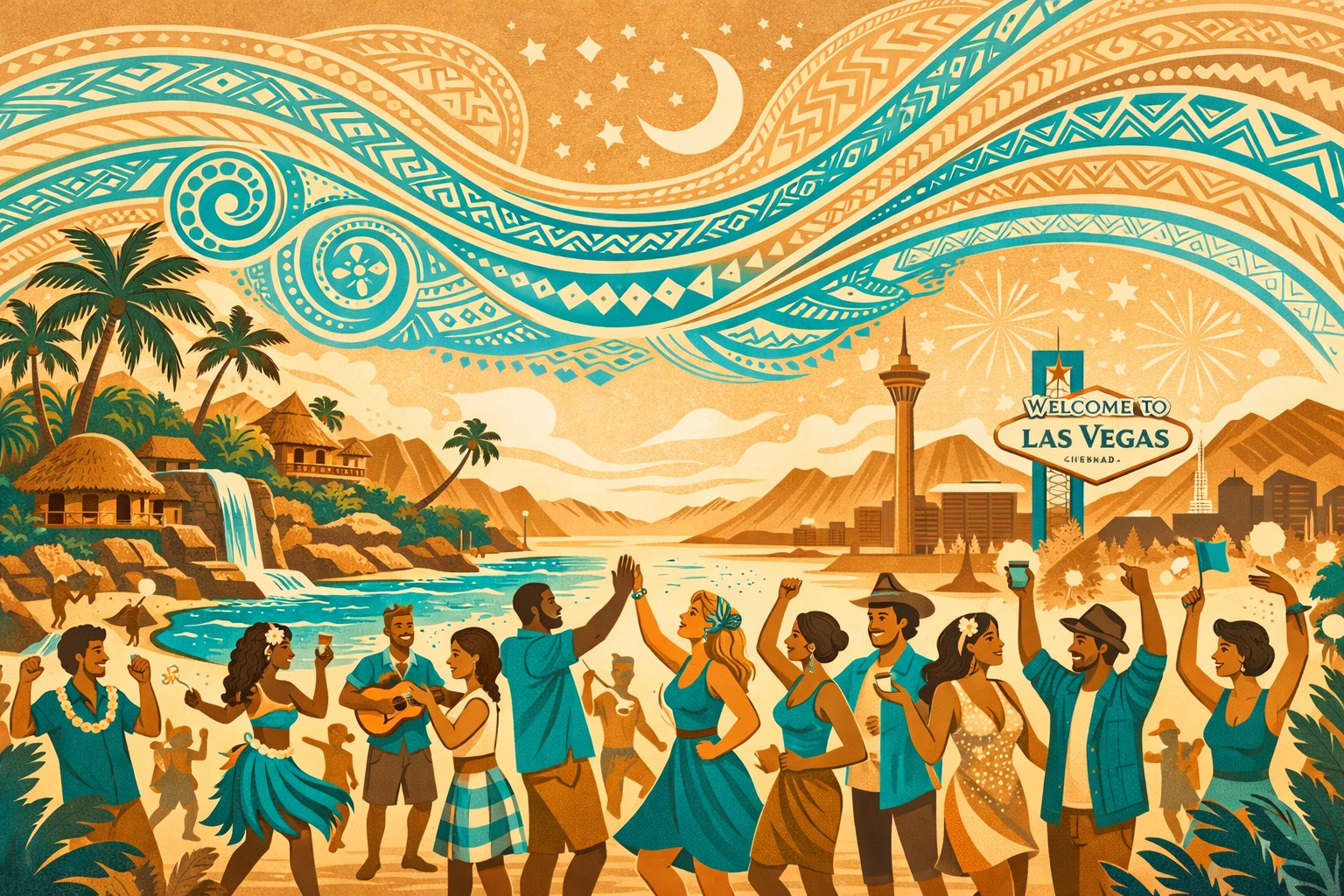 Island motifs merging with Las Vegas desert mountains to represent the heart of Talofa Fest 2026.