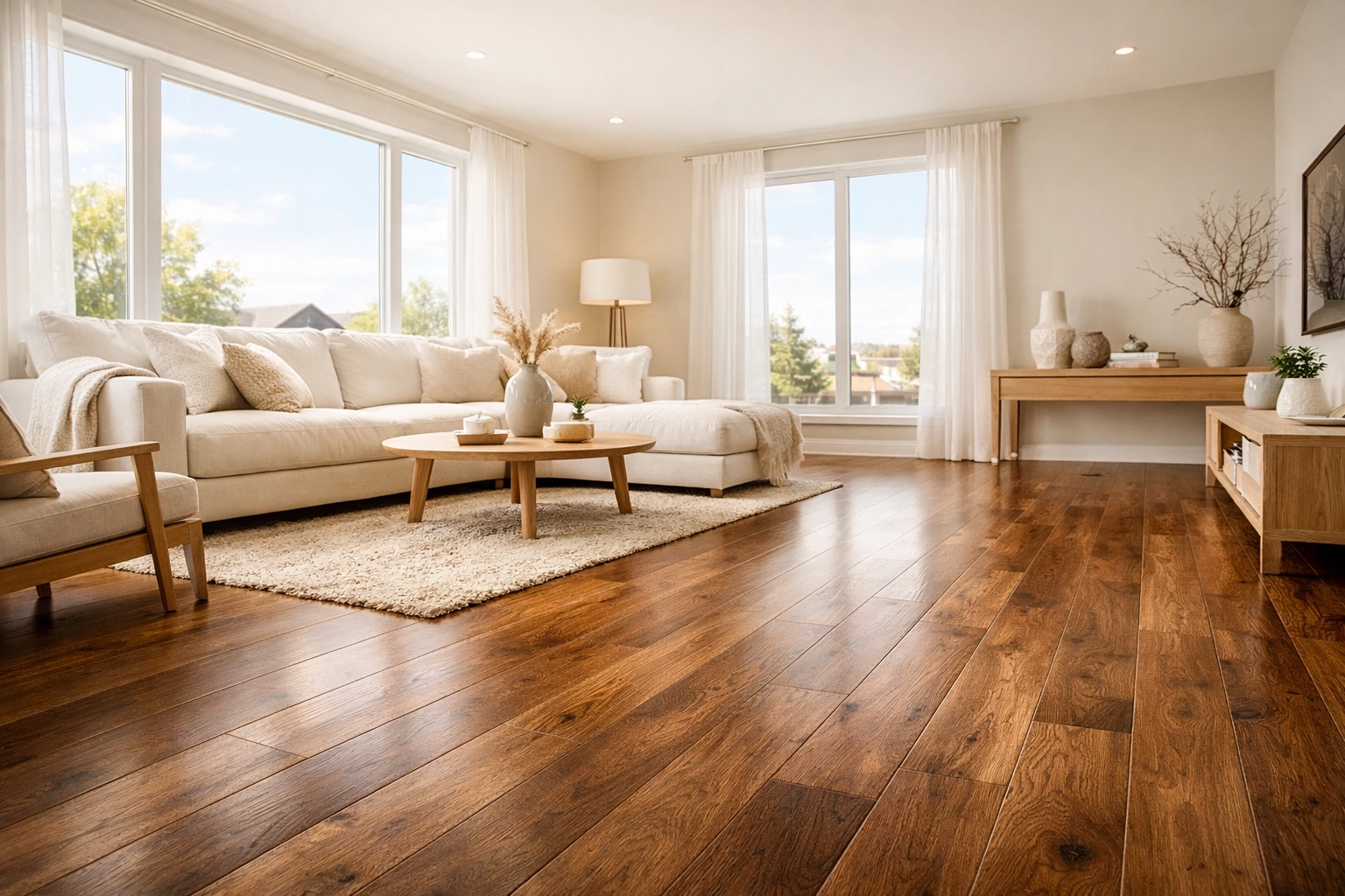 Bright Saskatoon living room with hardwood-style flooring, showcasing a stress-free rental property environment.