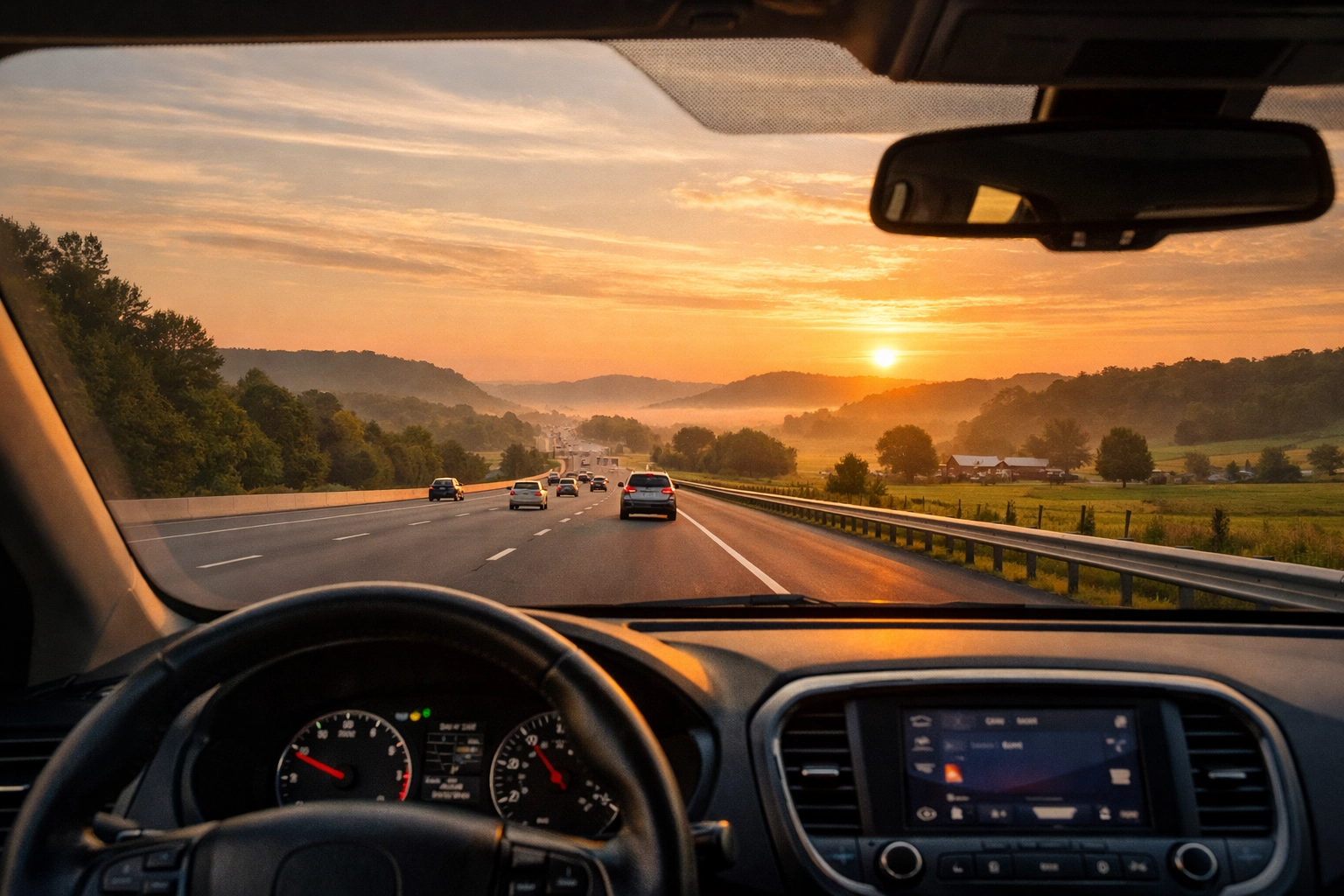 Morning commute view from car driving on Tennessee highway between Nashville suburbs