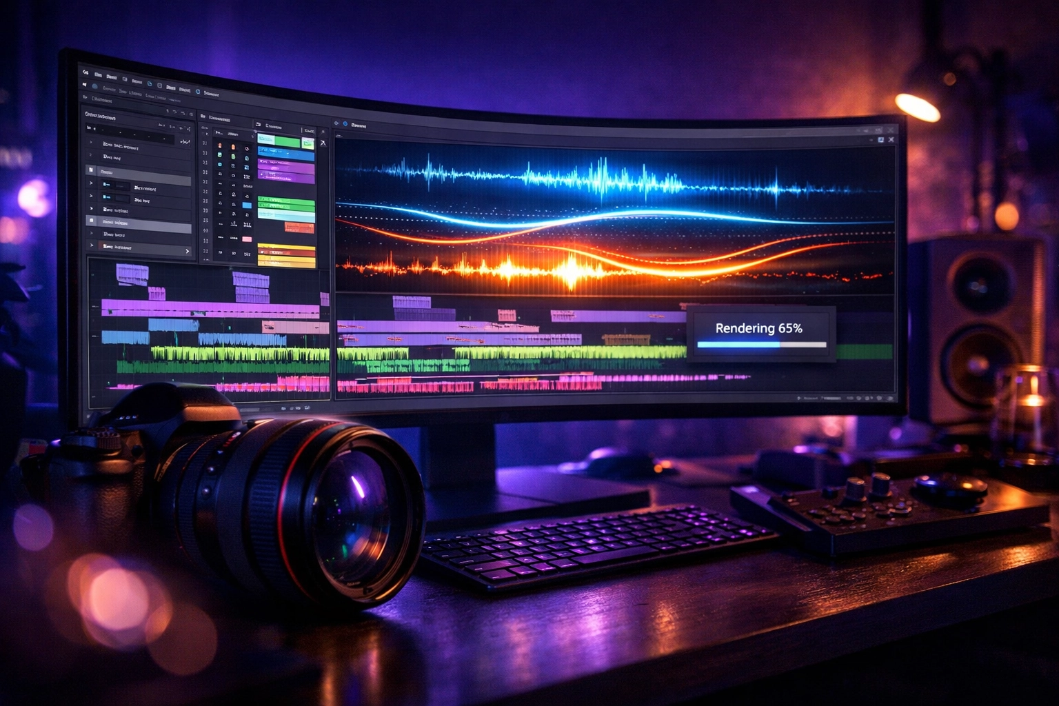 Modern video editing interface on an ultra-wide monitor showcasing AI-powered personalized video marketing automation.
