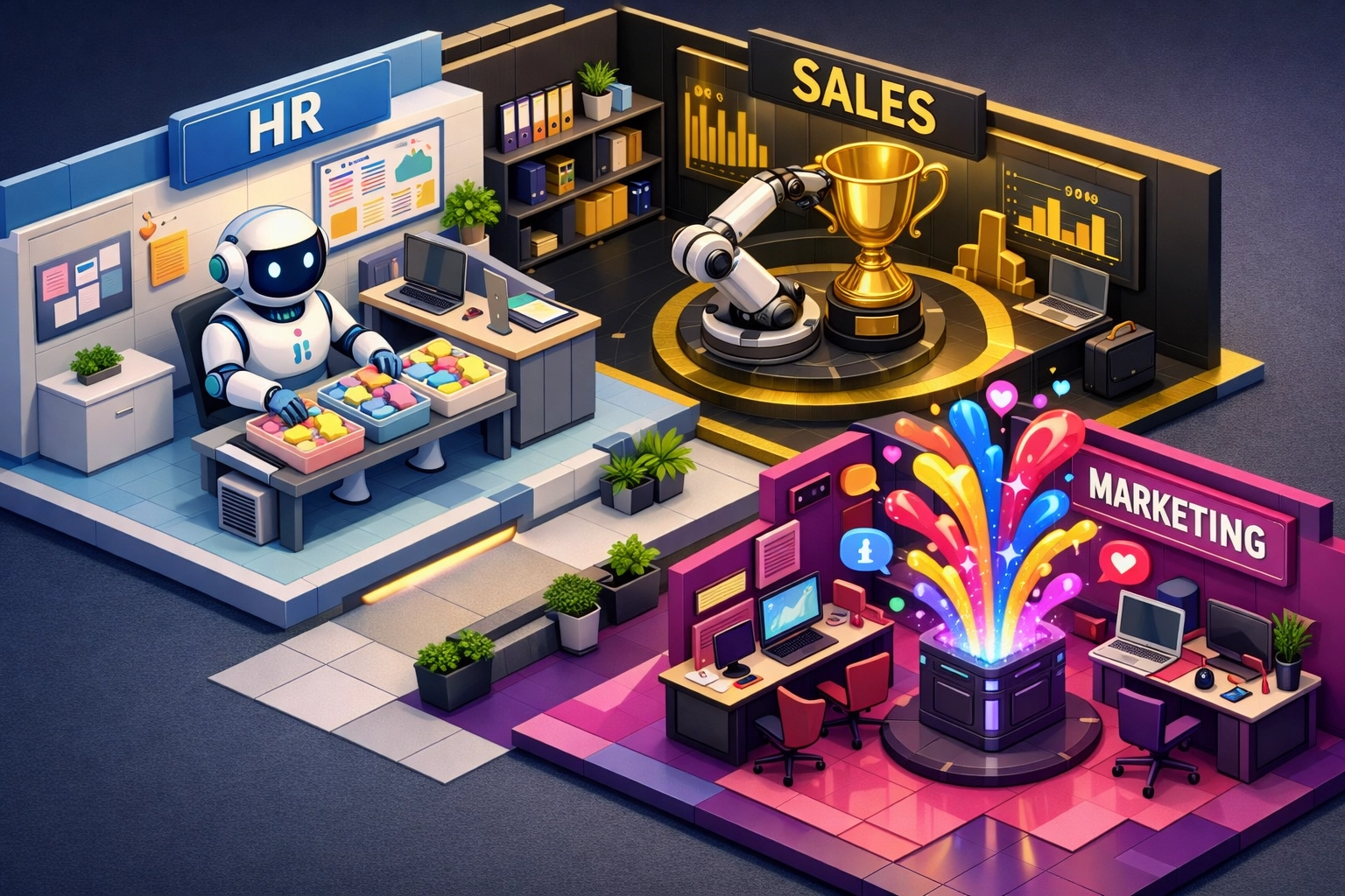 Tailored AI workshops for corporate teams showing HR, Sales, and Marketing using role-specific ChatGPT tools.