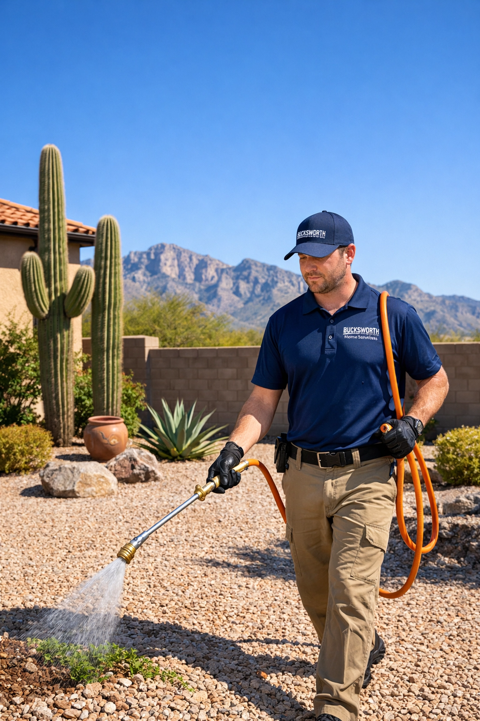 Best weed control Tucson AZ: technician applying professional weed treatment in a desert landscape.