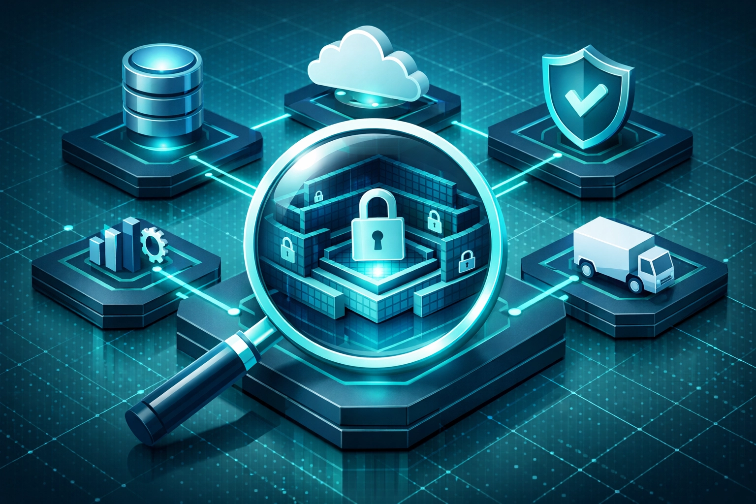 Magnifying glass auditing a digital supply chain to ensure third-party vendor security and data protection.