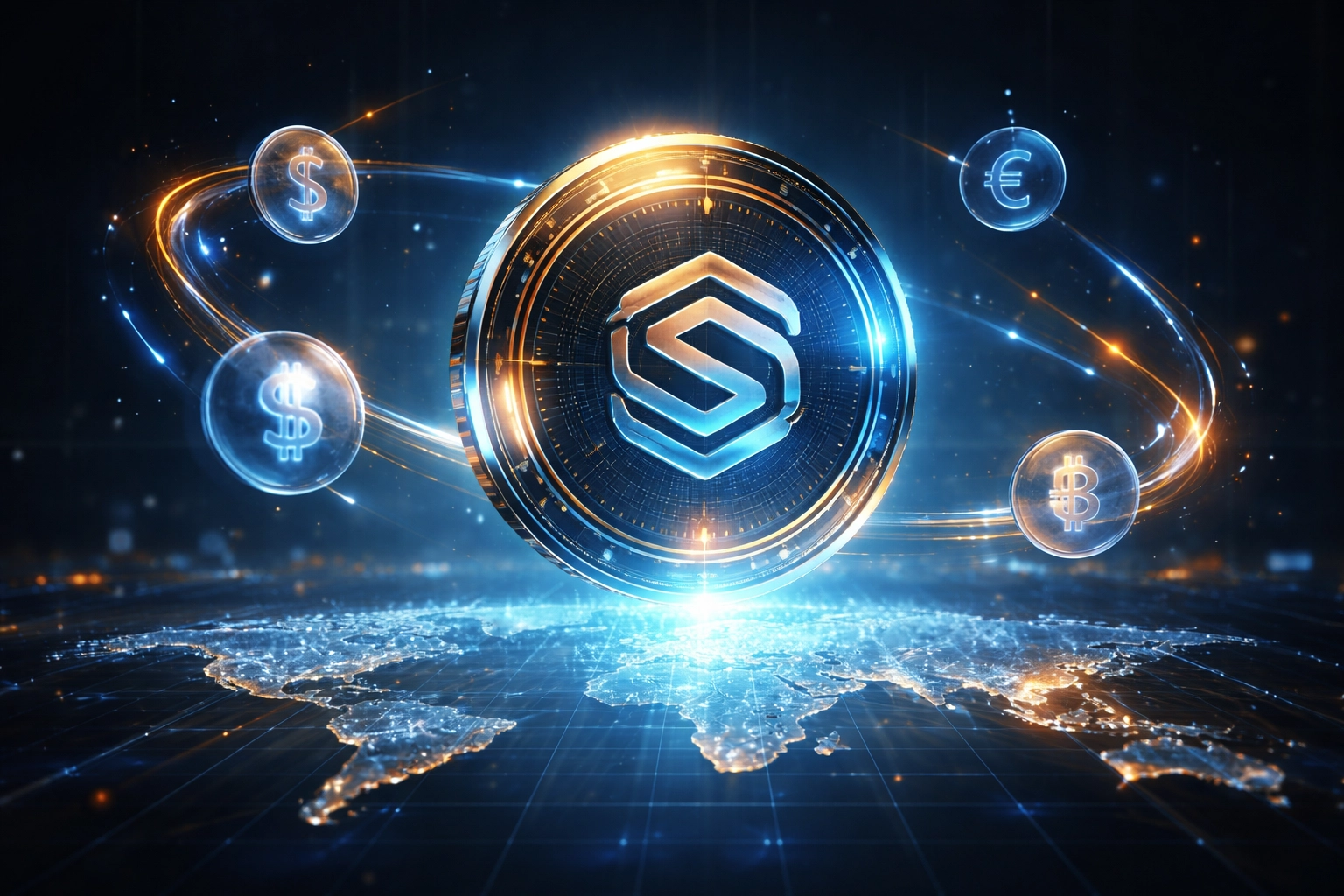 Futuristic digital coin above a world map representing LUSD stablecoin and global Web3 payments benefits