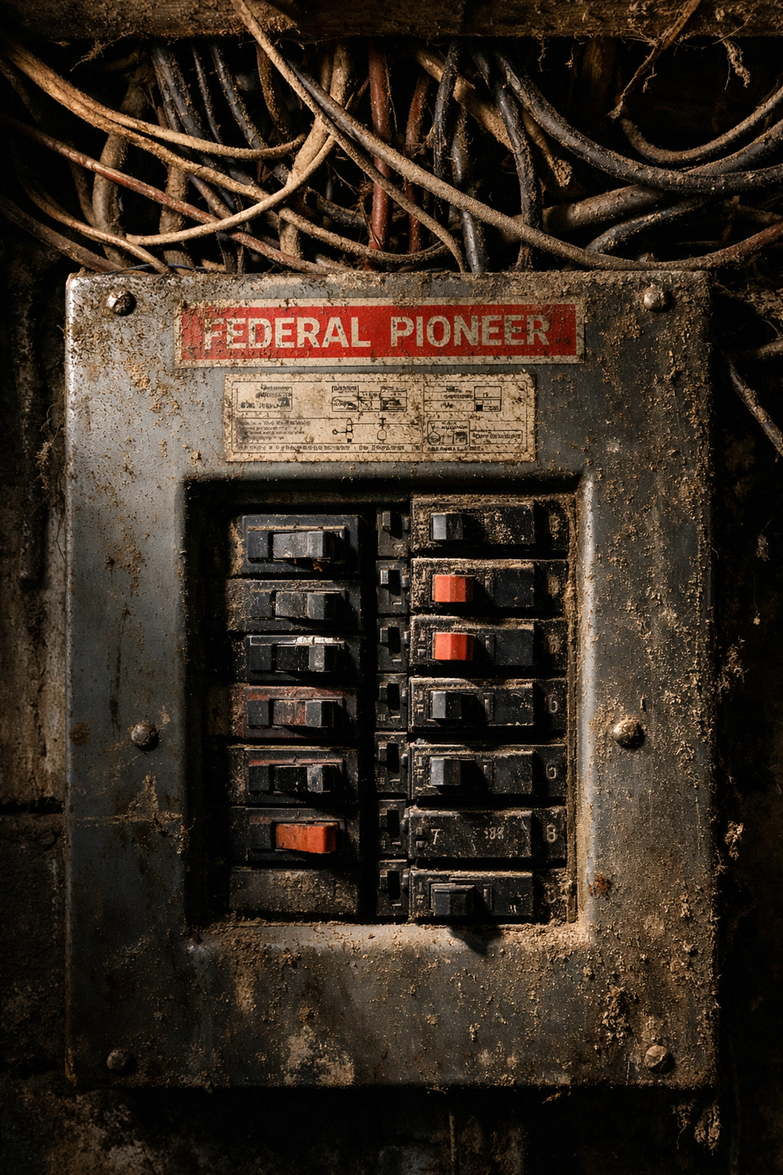 Old Federal Pioneer breaker panel with messy wiring needing professional electrical repairs.
