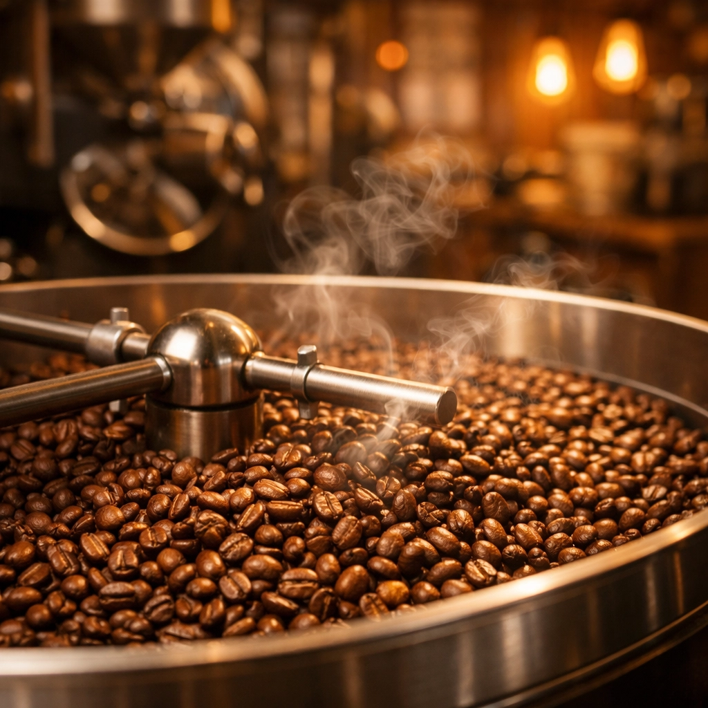 Freshly roasted specialty coffee beans in a cooling tray at a professional UK coffee roastery.