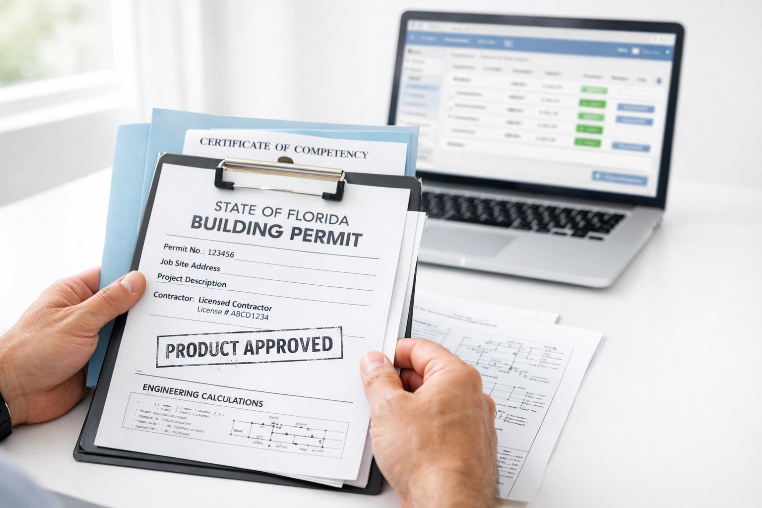 Florida building permits and certification documents for roof replacement and impact windows