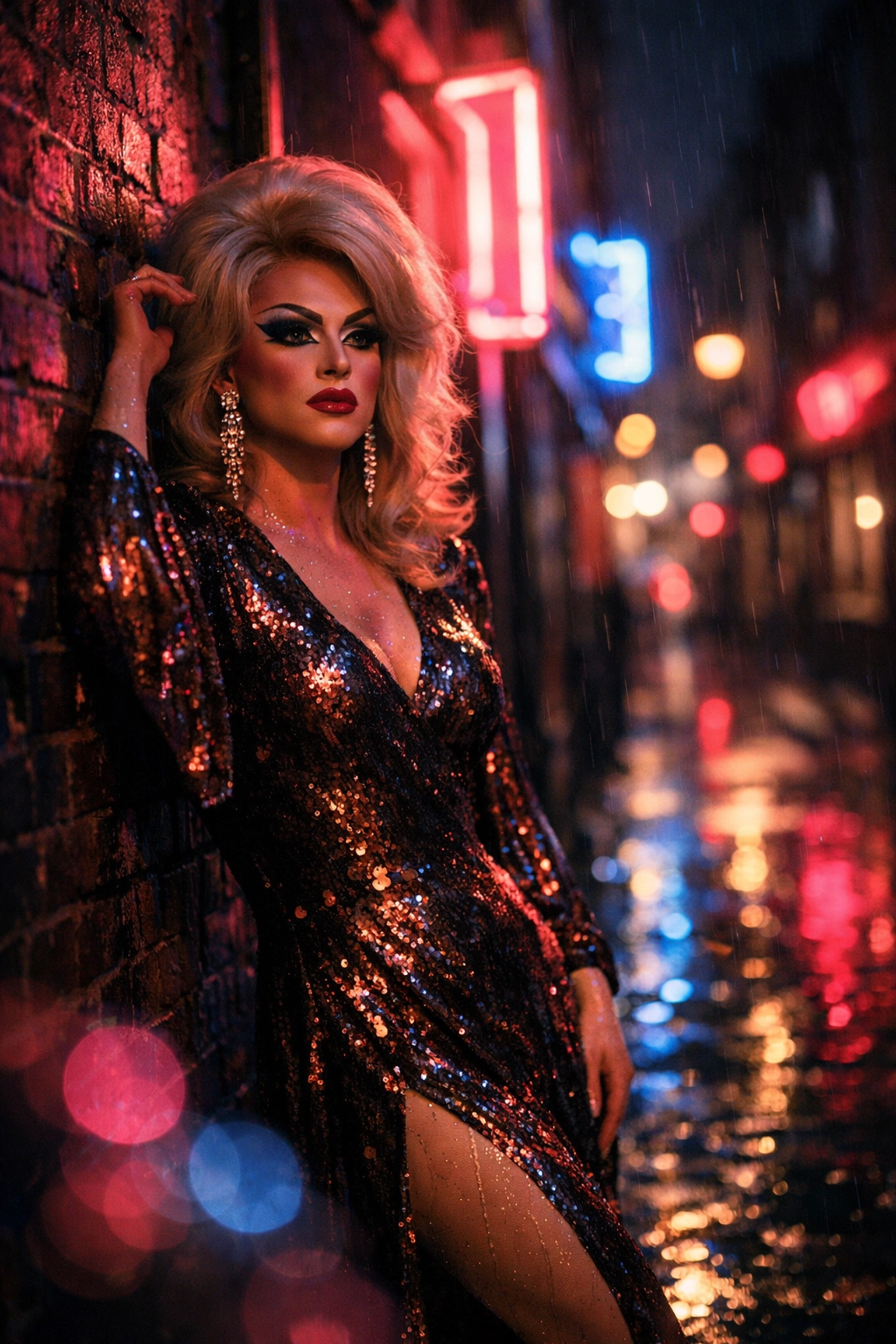 Drag queen in vintage sequins under glowing neon signs in a historic London Soho alleyway.