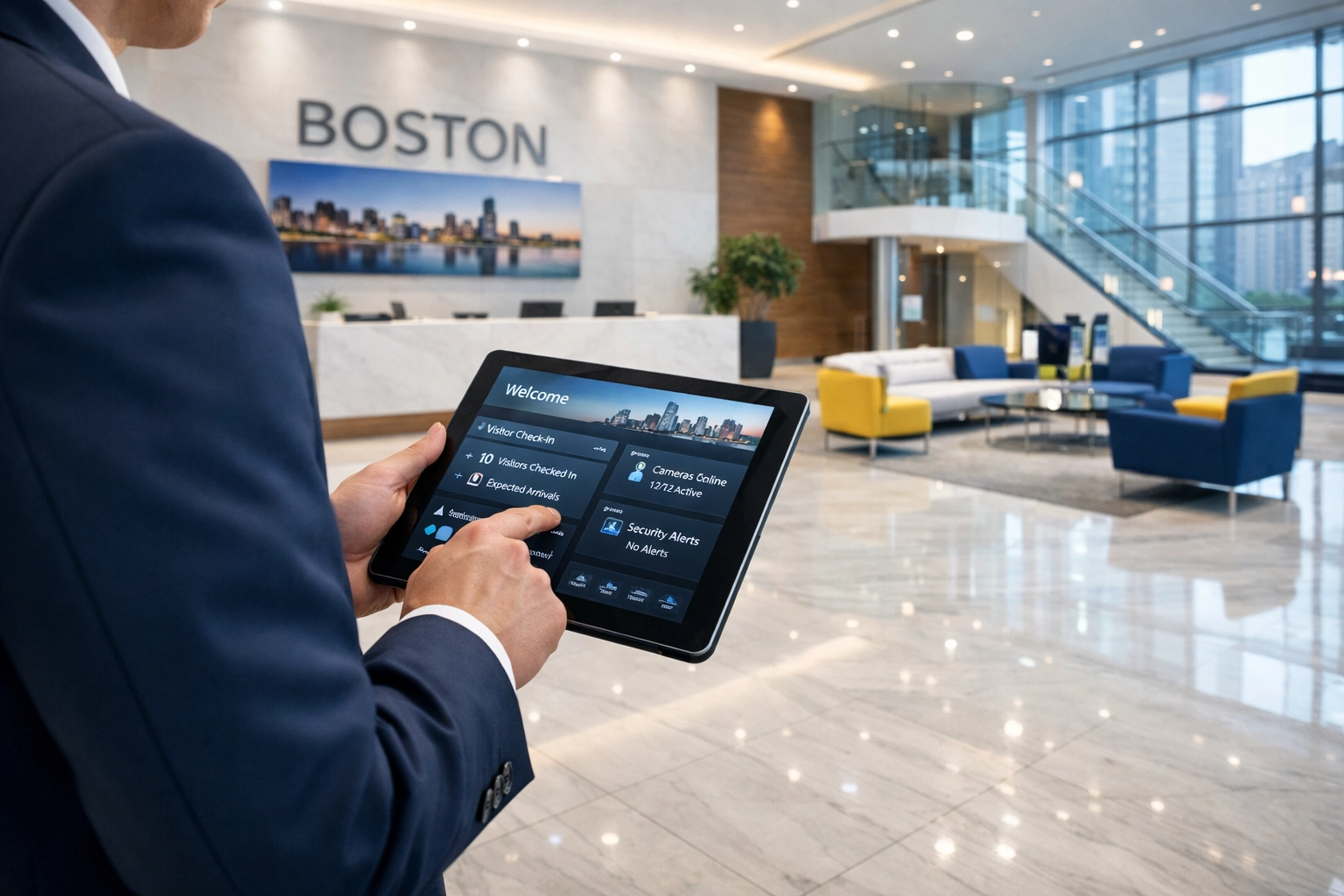 Professional janitorial services in Massachusetts using digital quality tracking in a clean Boston lobby.