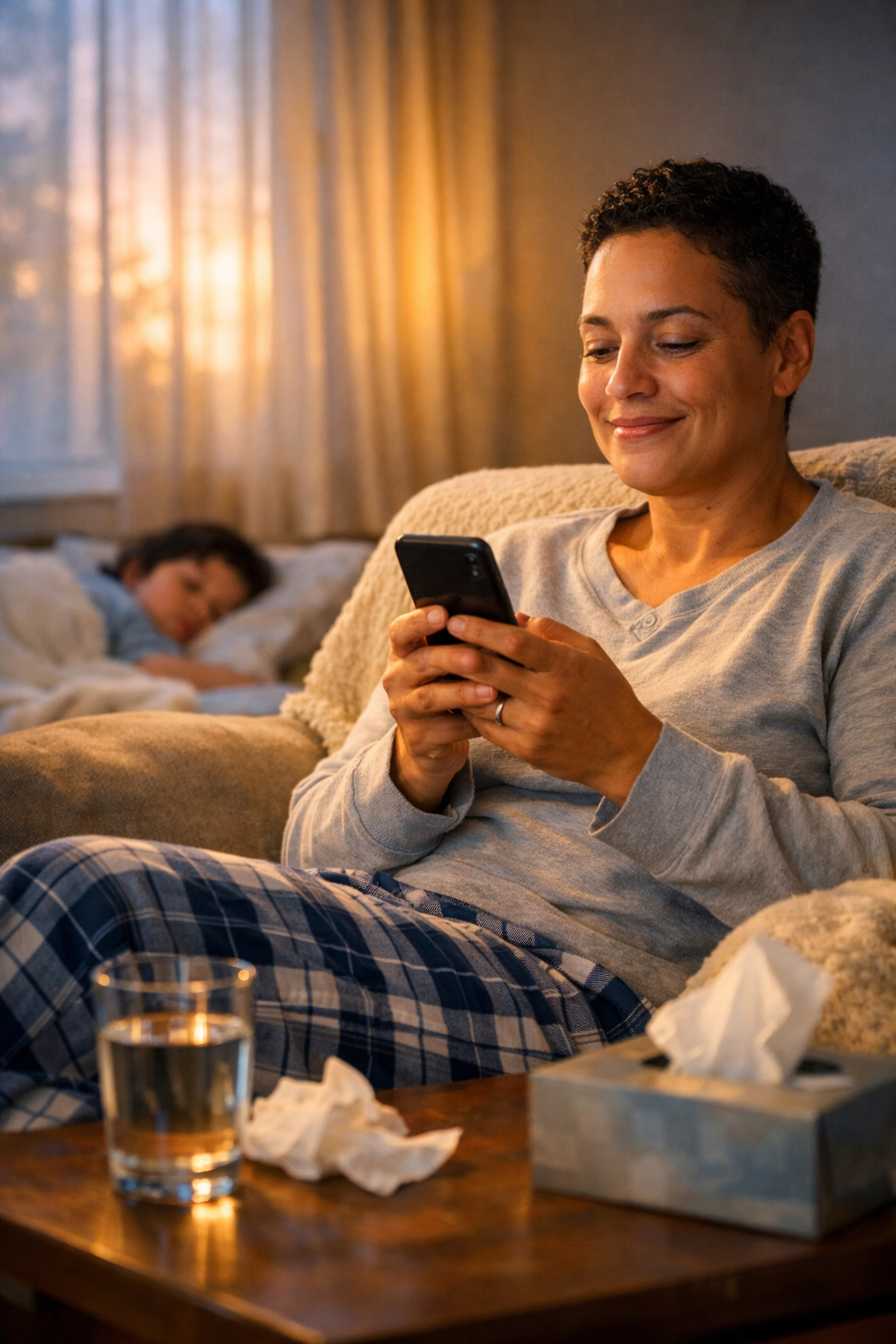 Parent using smartphone for online urgent care consultation while child rests at home