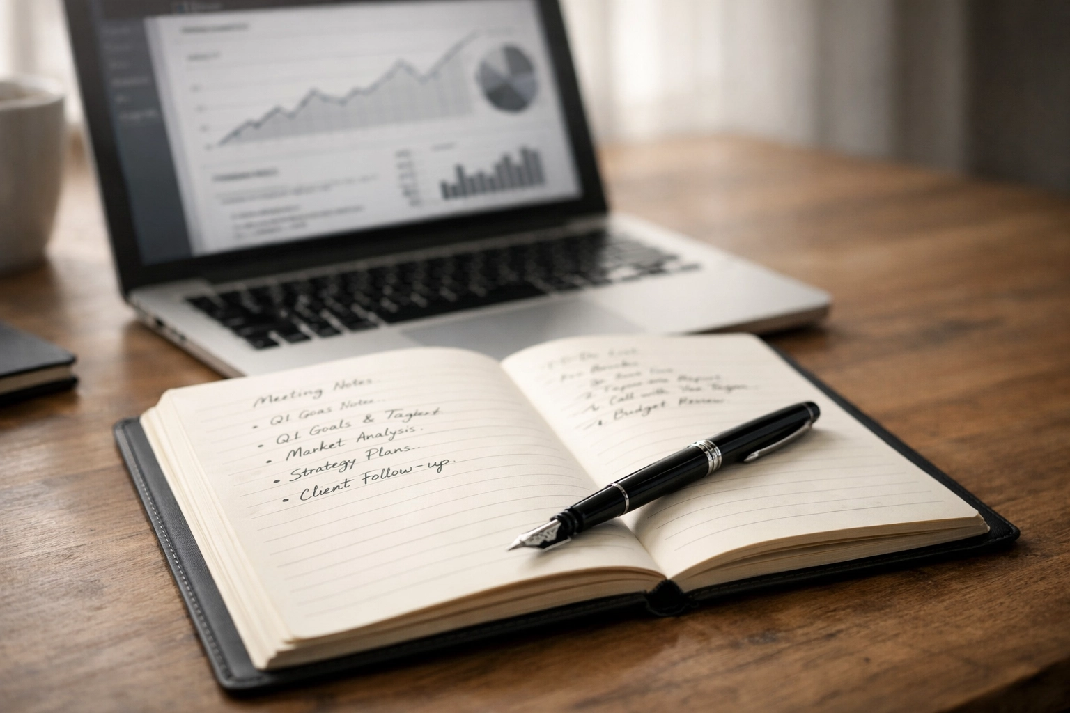 Notebook with SEO content strategy notes beside laptop displaying search analytics data