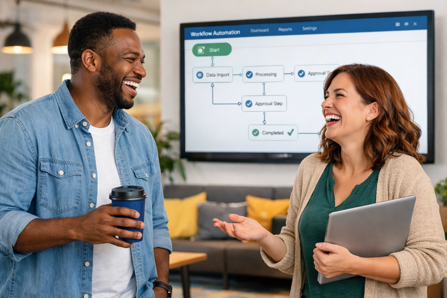 Colleagues discussing Agentic AI benefits as ServiceNow autonomous workflows streamline office operations.