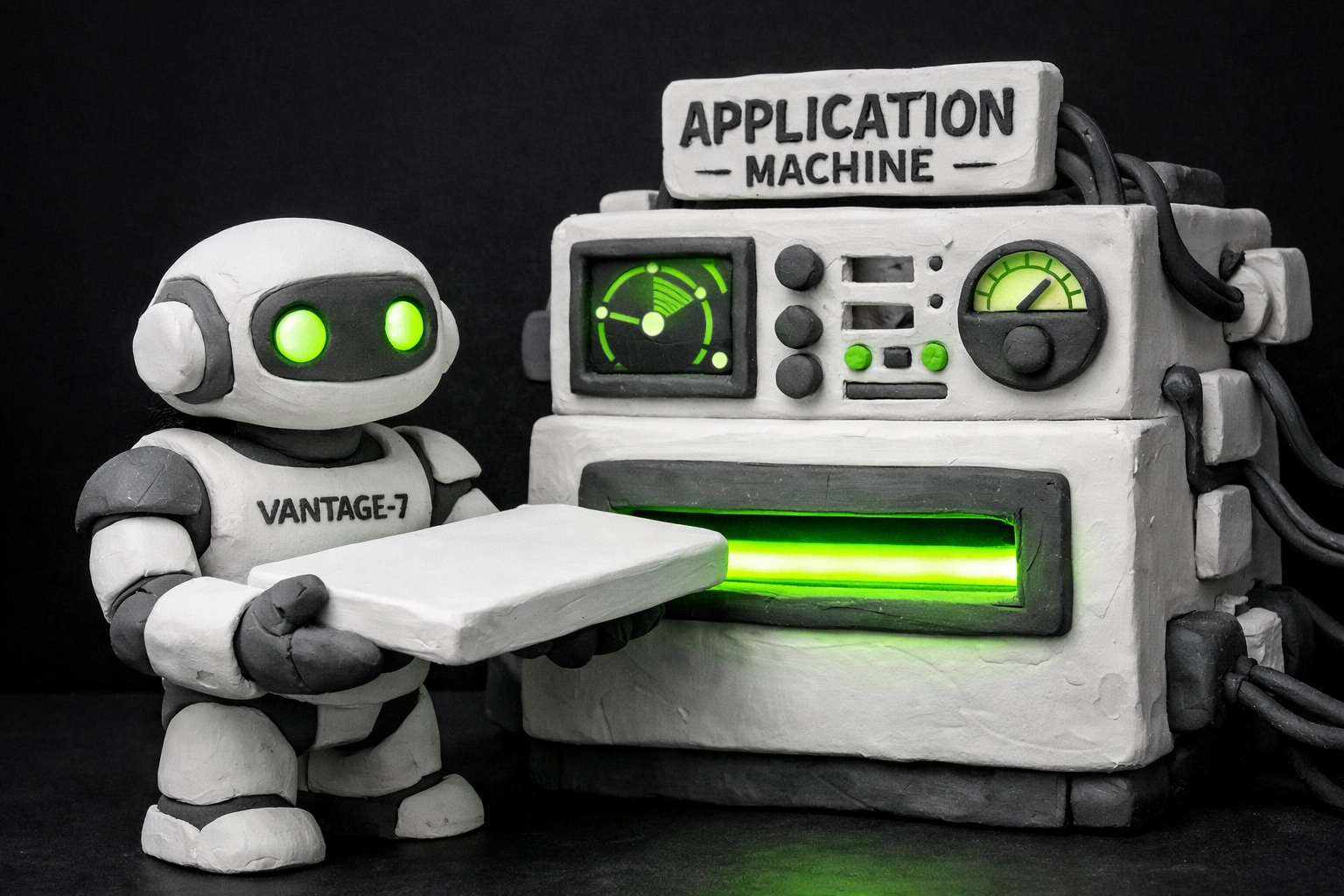 VANTAGE-7 robot inserting a clay resume into an Applicant Tracking System for successful document parsing.
