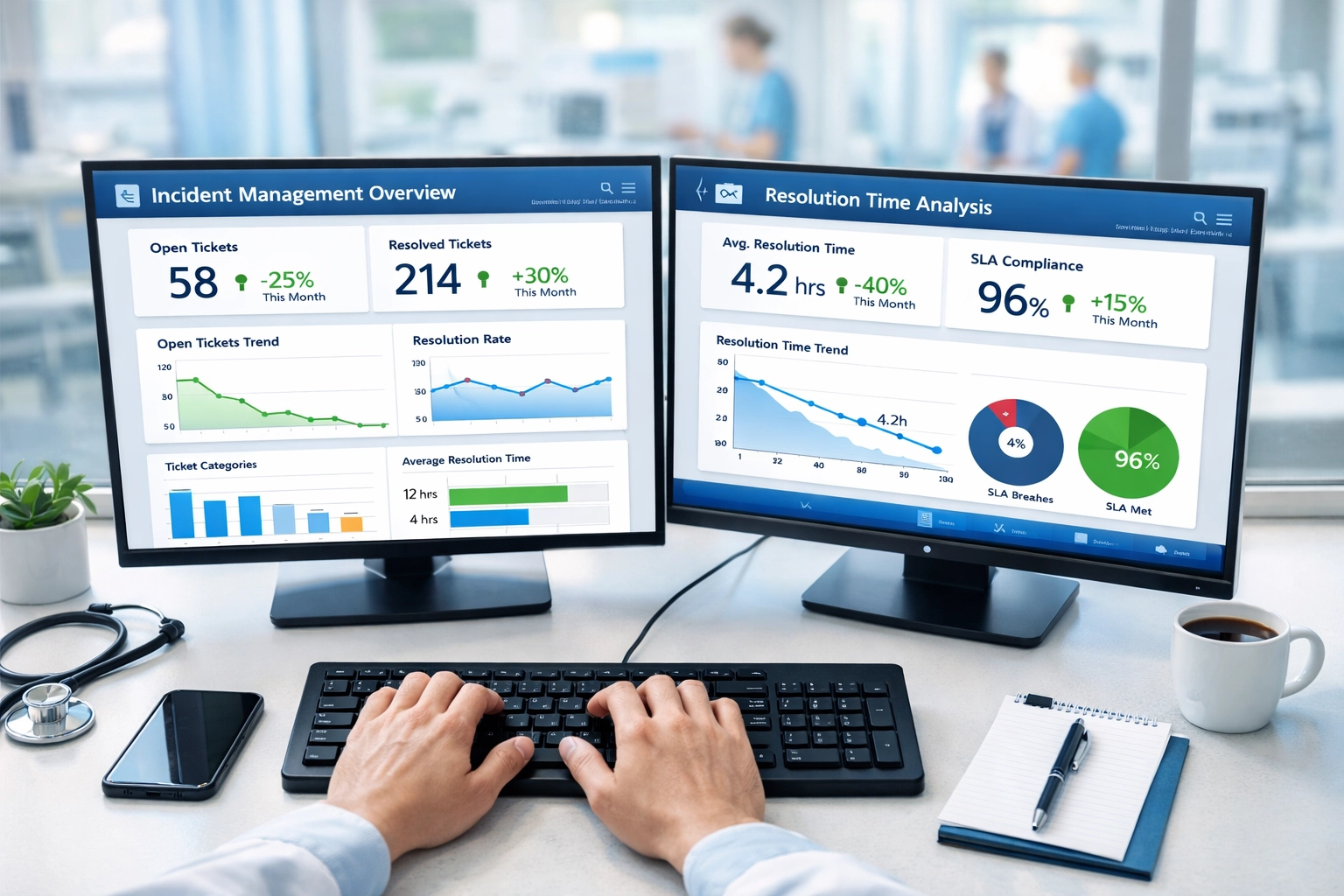 Healthcare IT workspace displaying ServiceNow incident management dashboard with improved MTTR