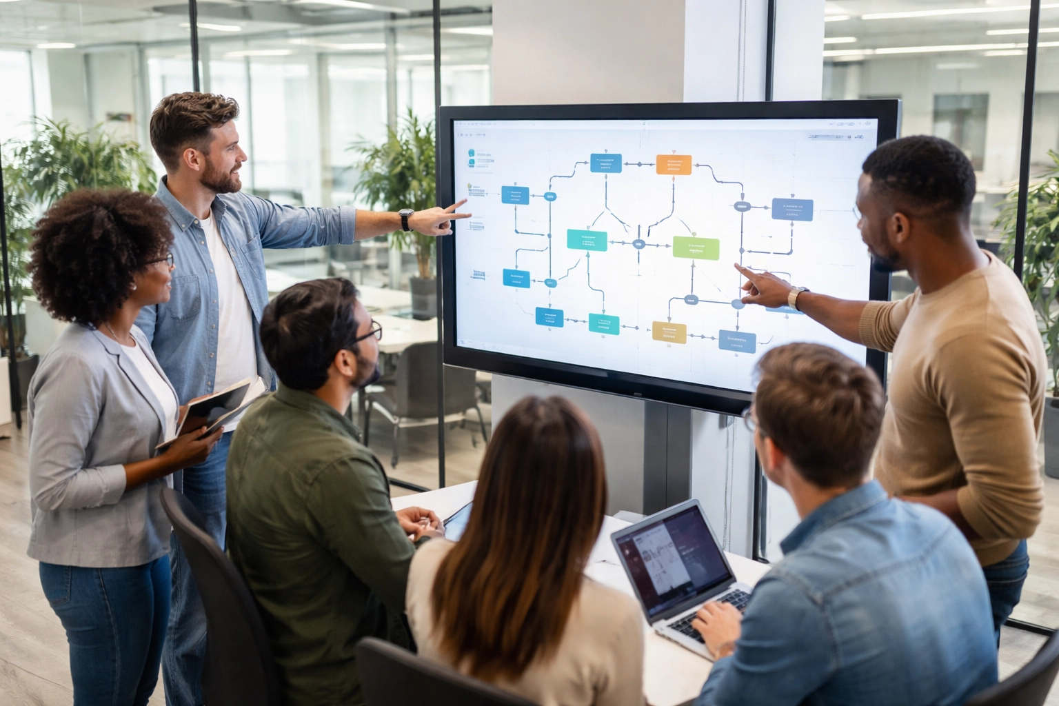 Diverse IT professionals collaborating around a digital flowchart, illustrating ServiceNow SPM and IT4IT teamwork in a modern office.