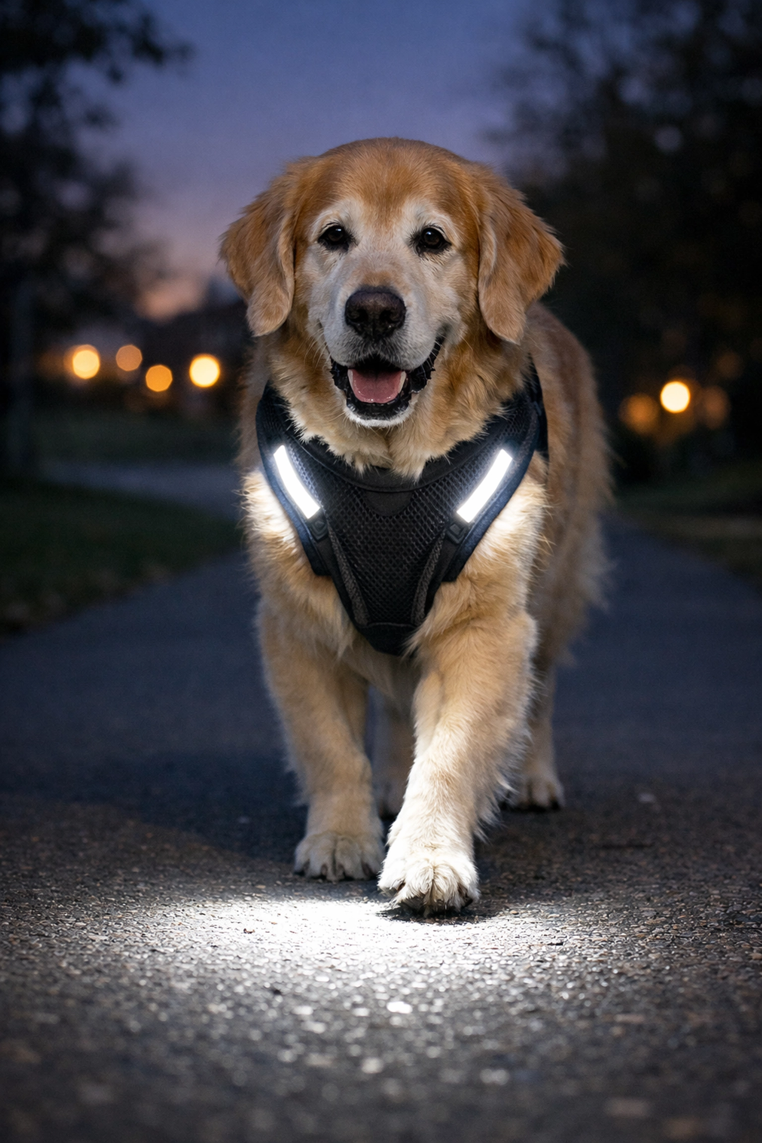 Senior dog wearing a black mesh harness with white LEDs to safely illuminate evening walks in Rochester Hills.