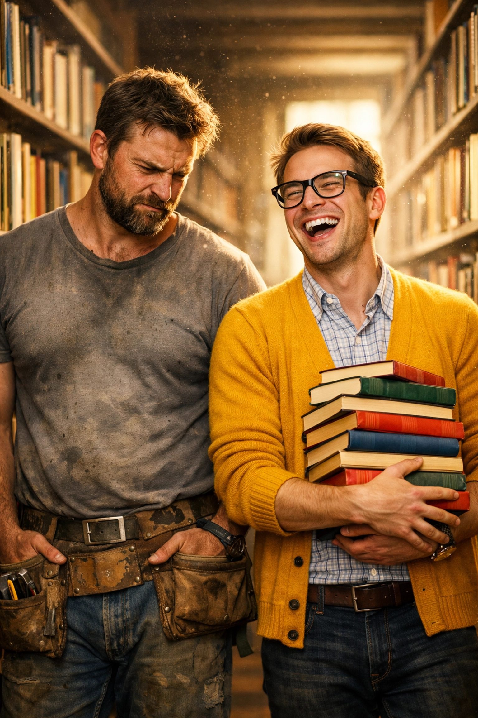 Grumpy x sunshine MM romance characters standing together in a sunlit library during a renovation.