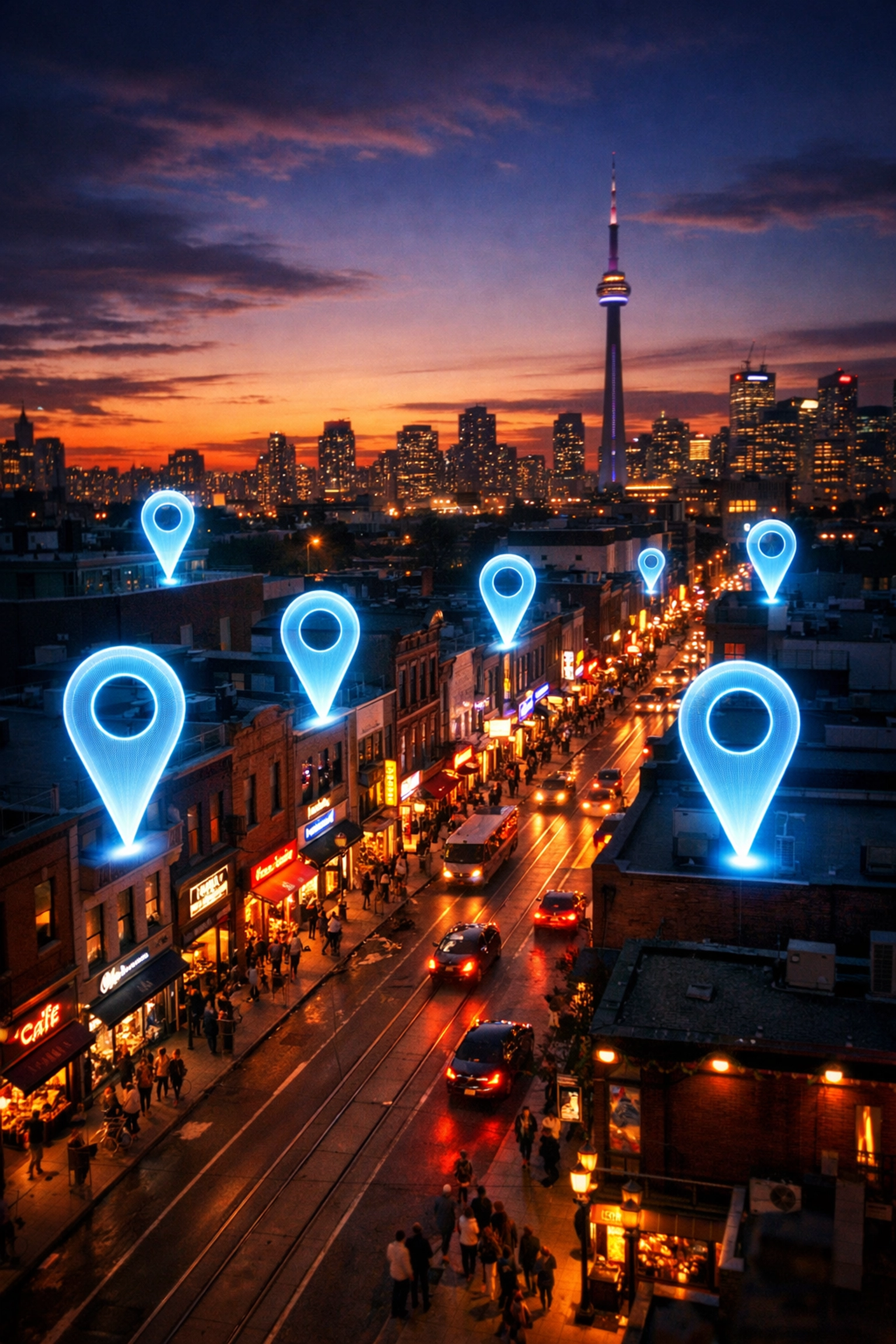 Toronto street with glowing digital map markers showing local SEO dominance and search rankings.