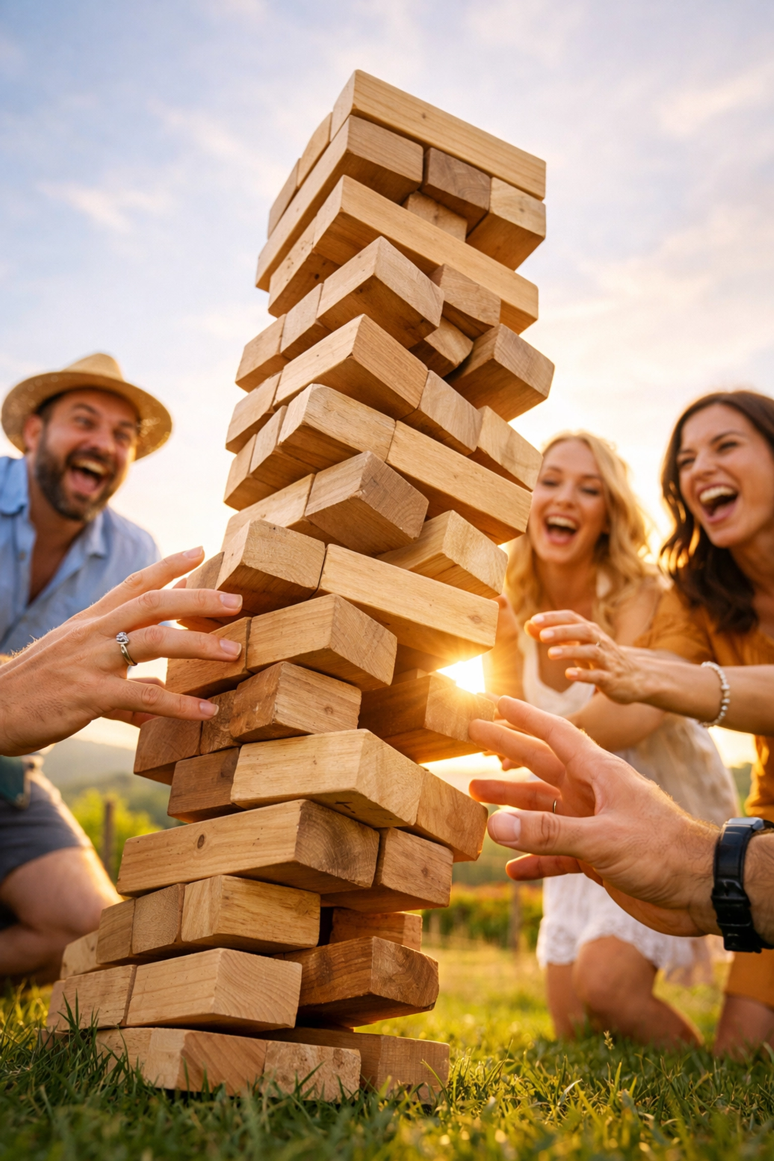 Giant Jenga tower wobbling during lawn games hire event