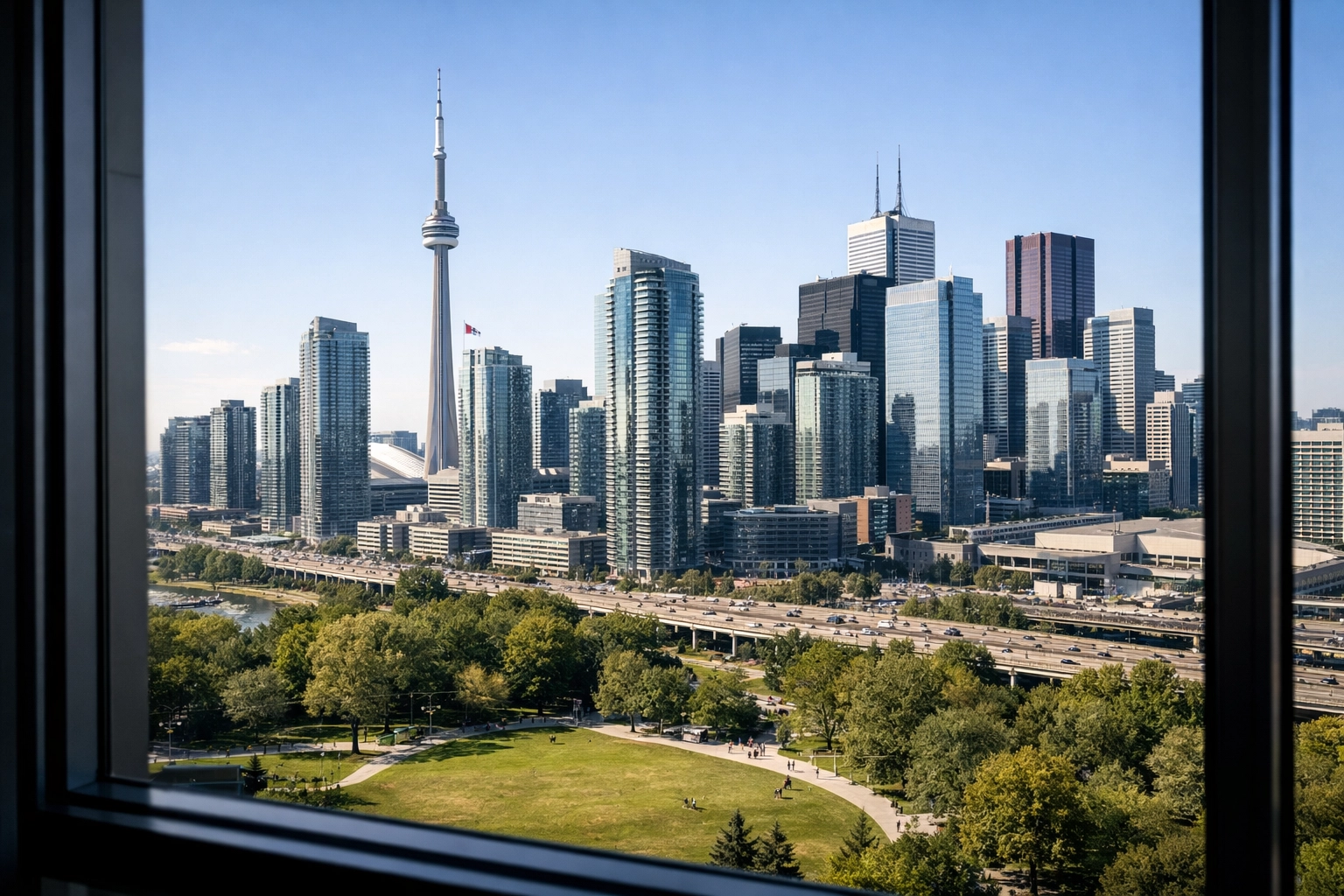 Modern Canadian city skyline representing financial services like payday loans in Vancouver and Halifax.