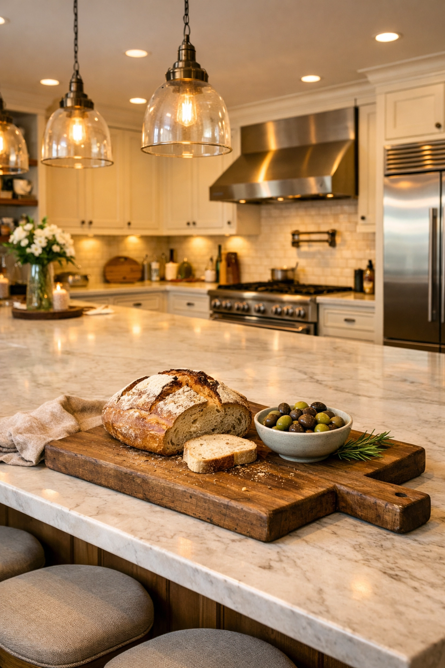 Elegant kitchen island designed for entertaining with stainless steel appliances in a Bay Village home.