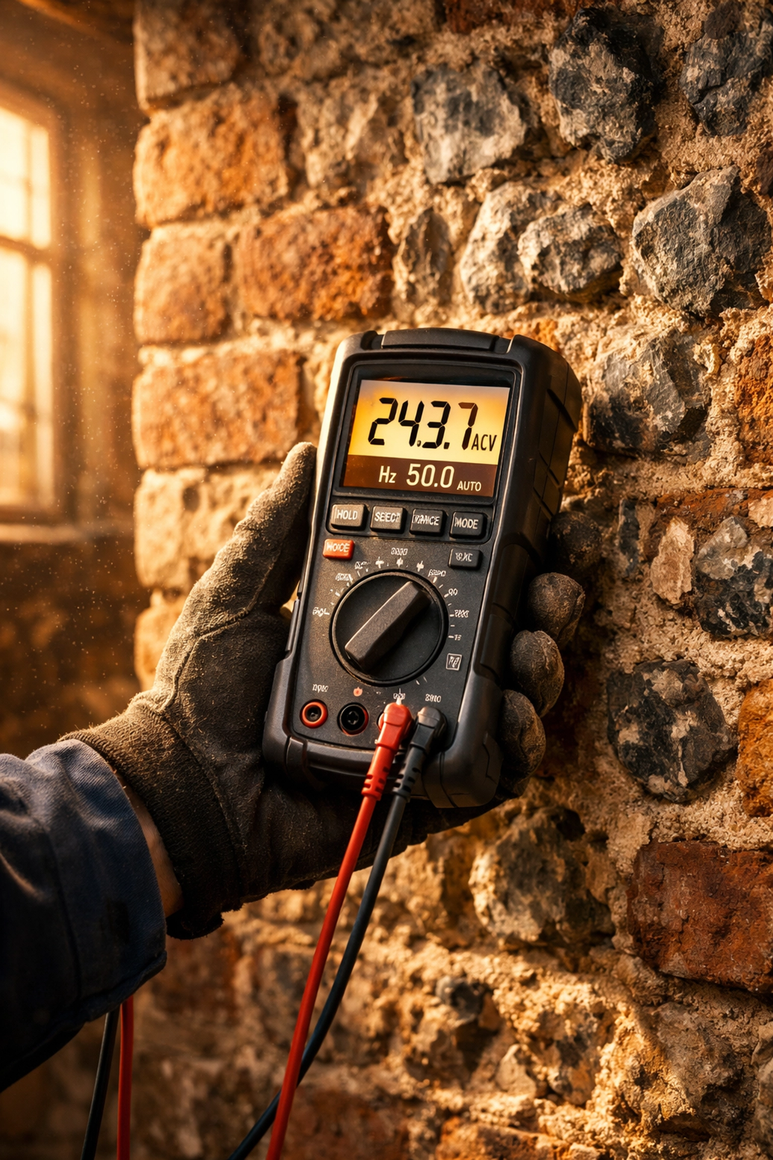 An electrician conducting a safety inspection on a historic Chichester home using a digital testing meter.