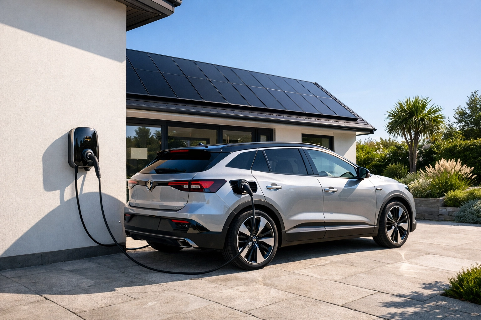 Electric car charging at a Bournemouth home with solar panel installation and a smart EV charger.