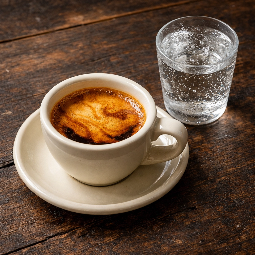 Fresh double espresso shot with a thick tiger-striped crema served in a specialty coffee ceramic cup.