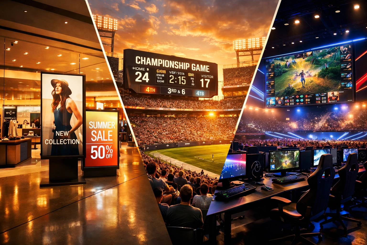 Multi-industry technology integration showing retail, sports stadium, and esports arena digital signage