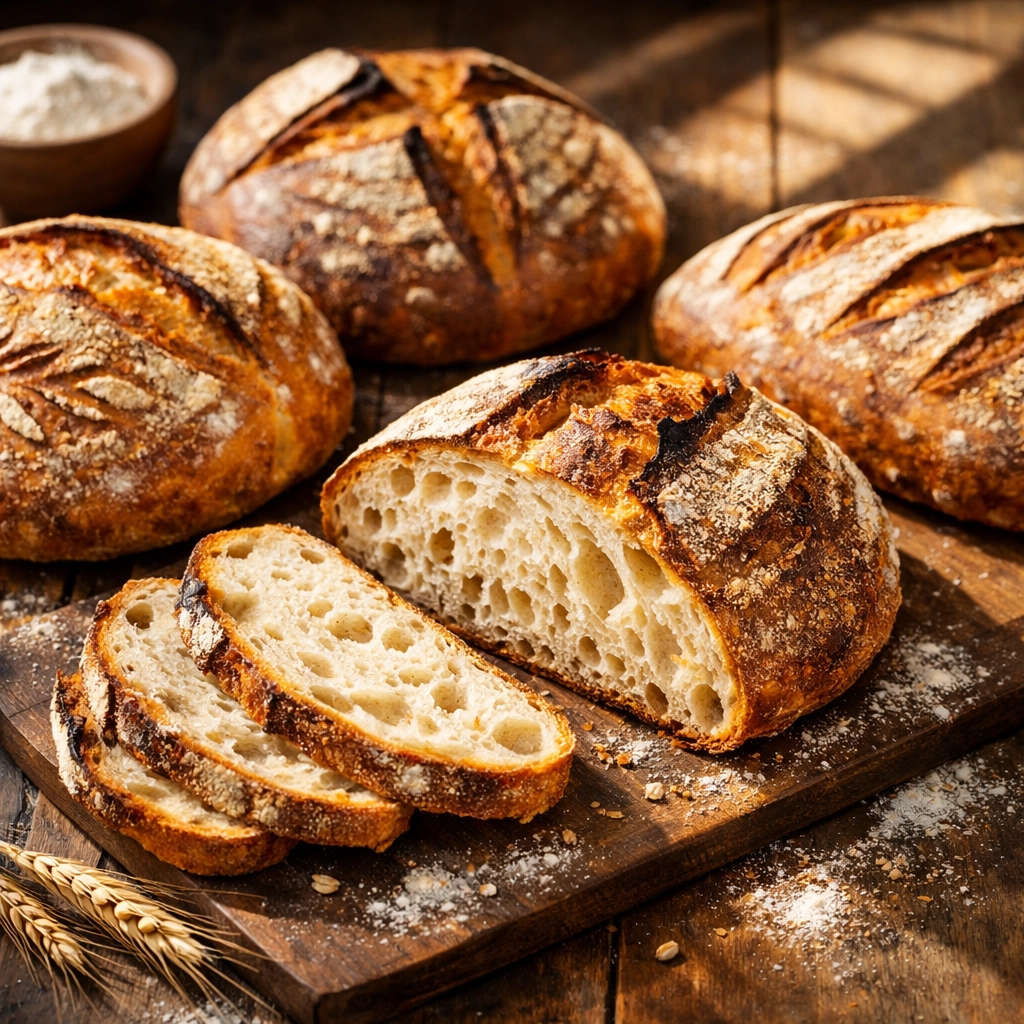 Freshly baked artisan sourdough loaves with golden crackling crusts from Laila's Lowcountry Sourdough