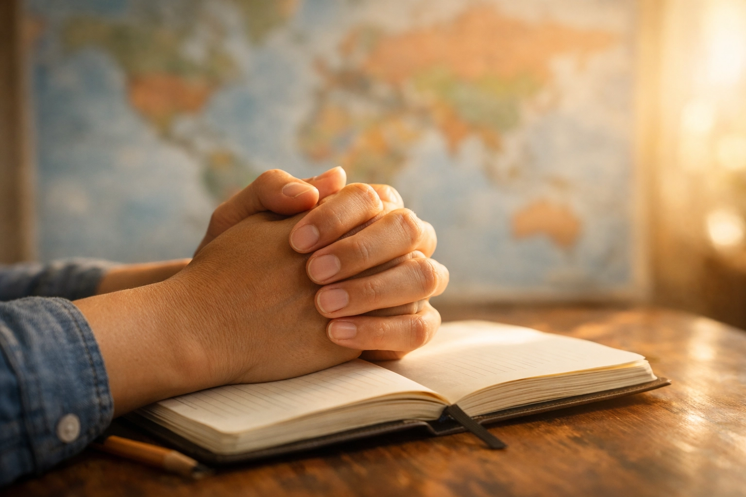 Hands praying over notebook and world map showing specific intercessory prayer for global issues