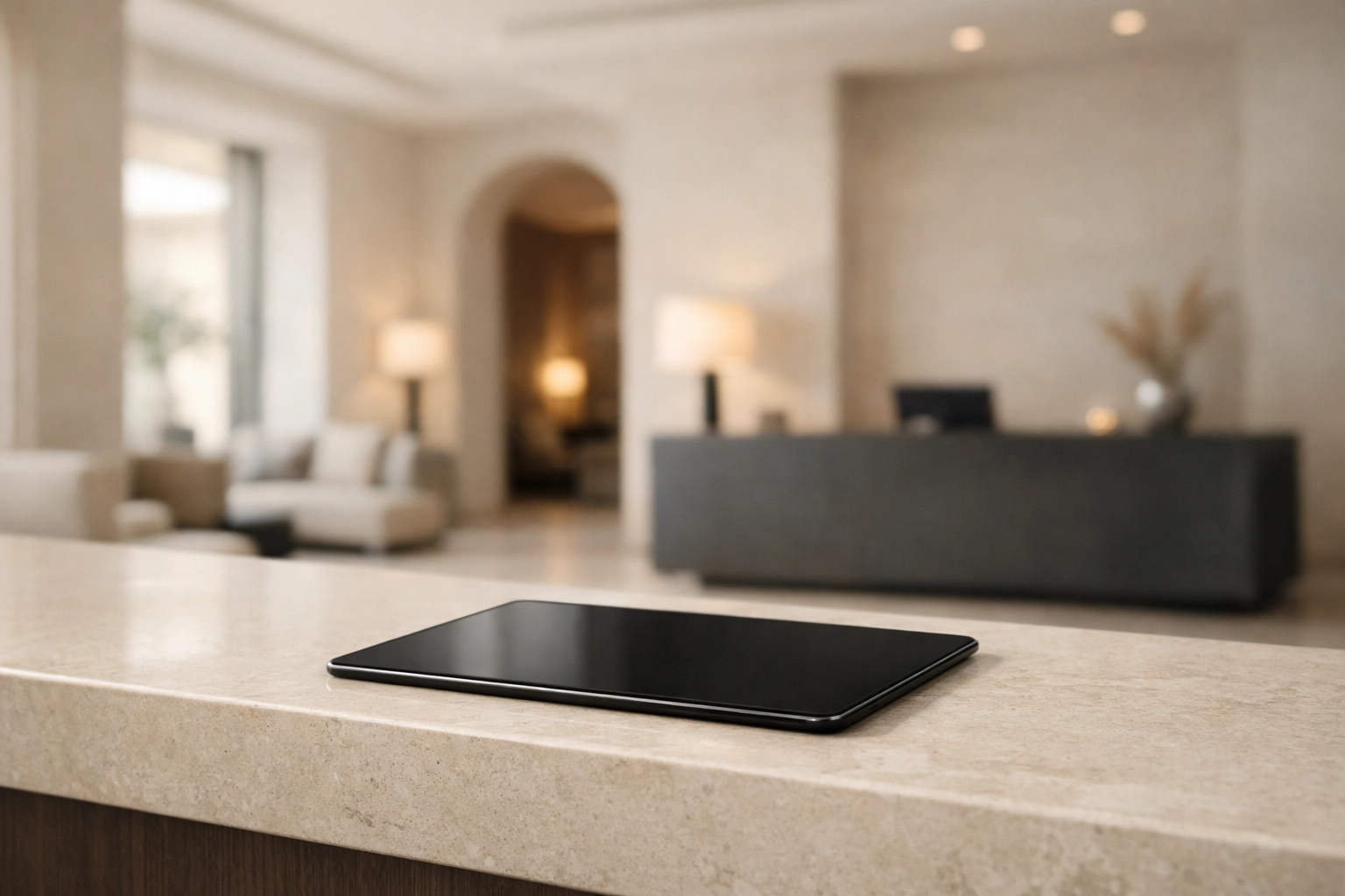Sleek tablet on a hotel front desk counter showing a modern, integrated management platform.