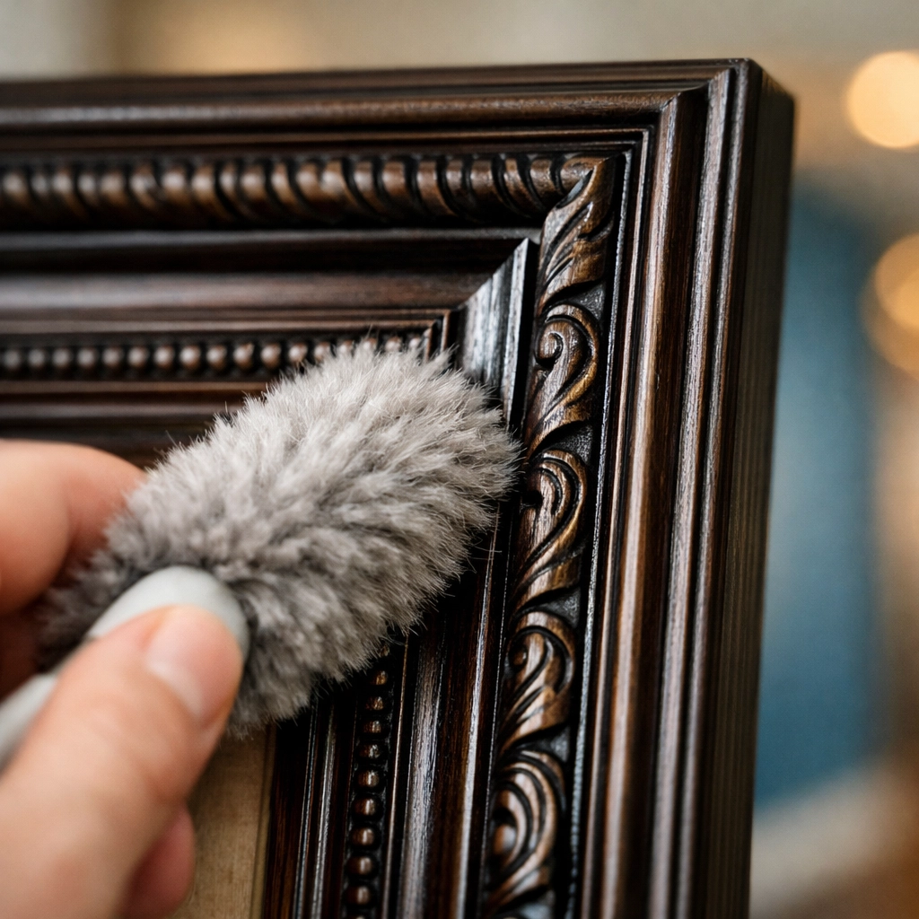 Detail-oriented dusting of a picture frame showing the precision of Paxton residential cleaning.