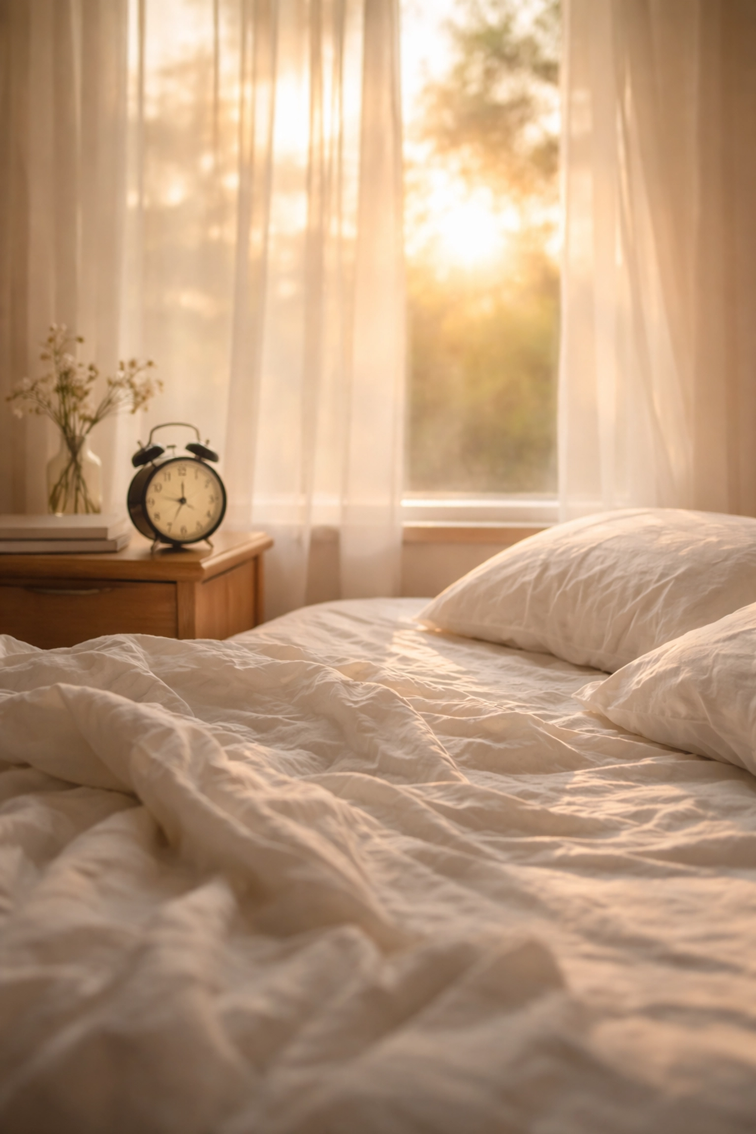 Napfényes hálószoba reggel, üres ágy és ébresztőóra az egészséges alvási szokások jelentőségére utalva