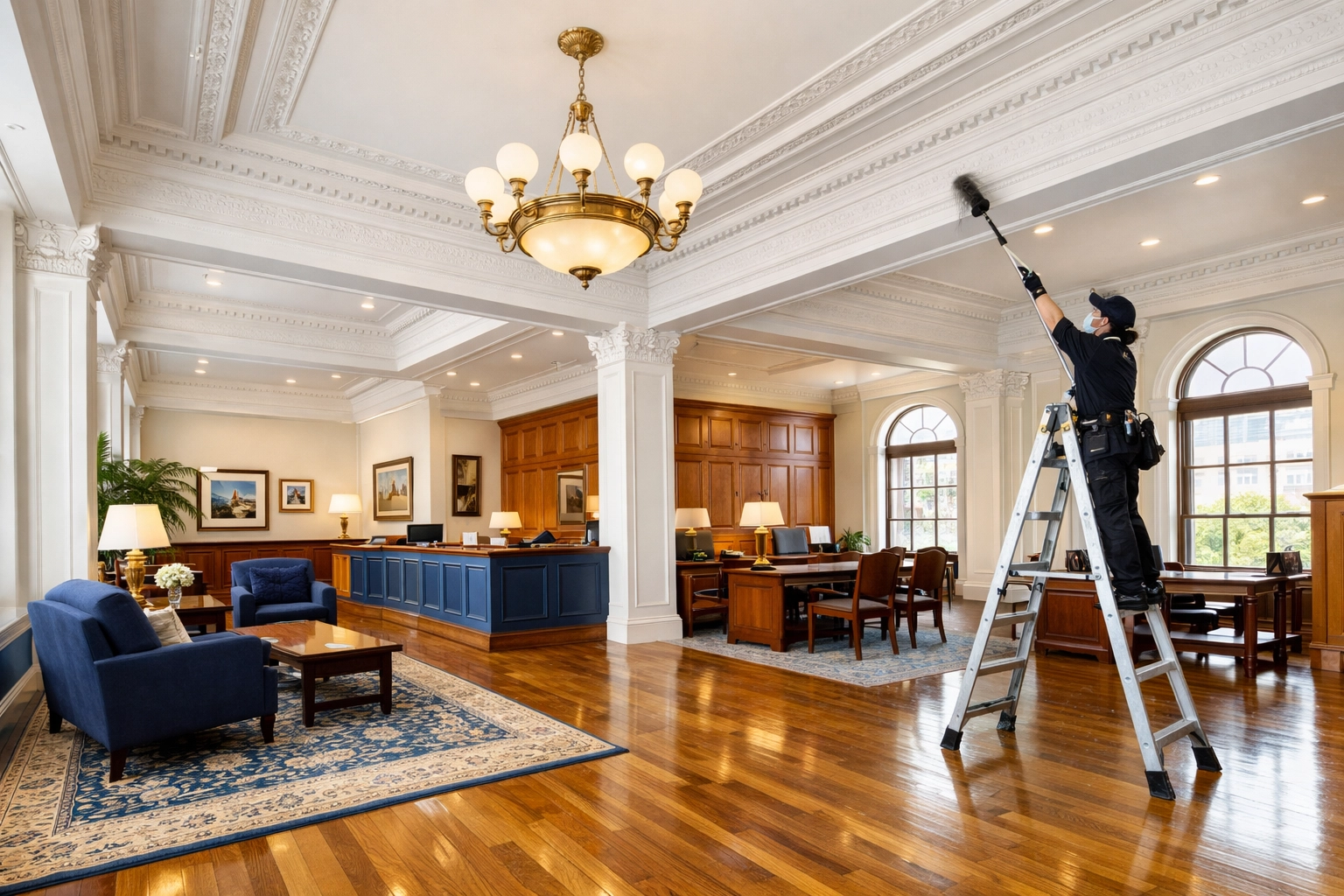 Professional deep cleaning Worcester services for historic office buildings, including high-reaching dusting and sanitation.