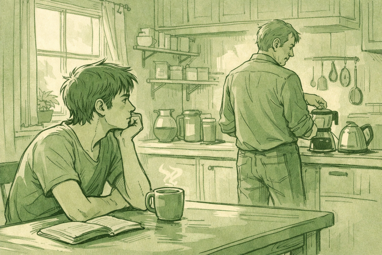 Young gay man observing step-father in kitchen depicting forbidden attraction and confusion