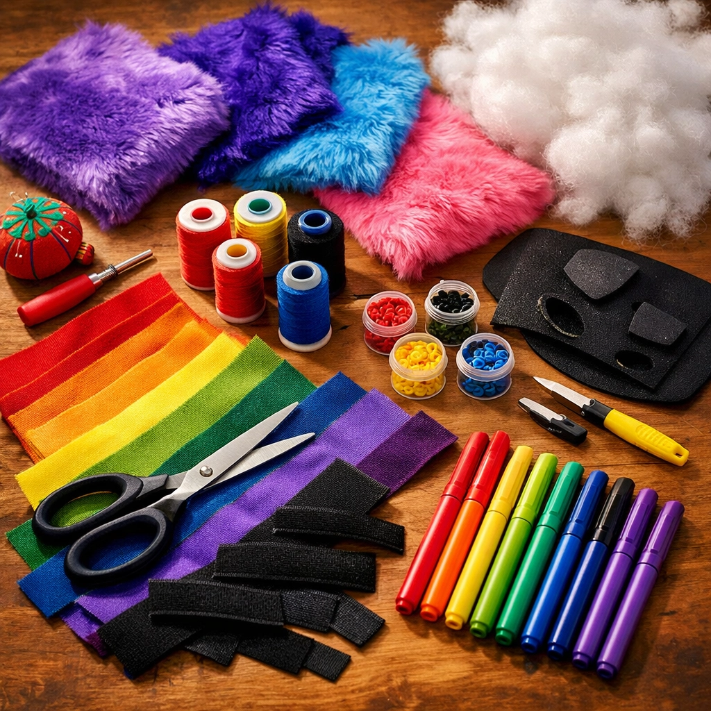 DIY pup hood crafting materials including colorful faux fur, fabric, and sewing supplies for puppy play gear
