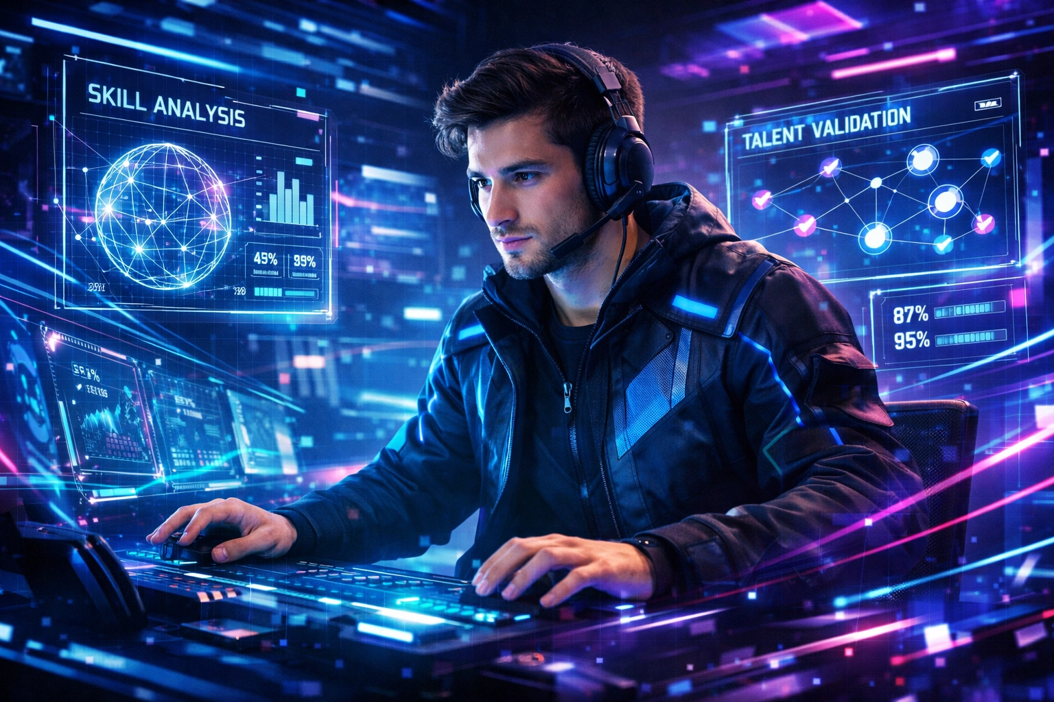 Young professional using a high-tech simulator for Gen Z skill validation and aptitude testing.