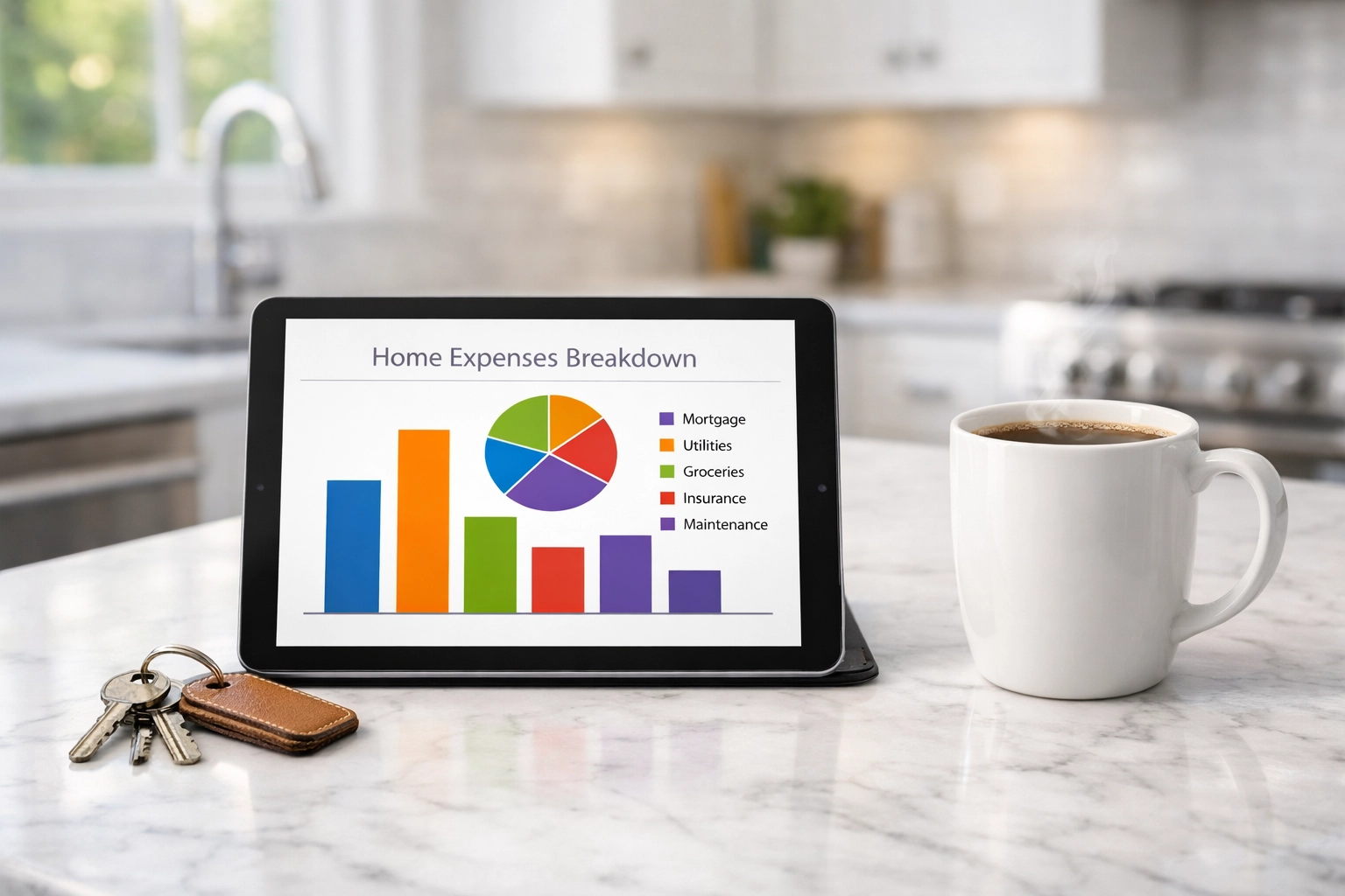 Tablet showing financial charts for Connecticut home ownership costs next to house keys in a kitchen.