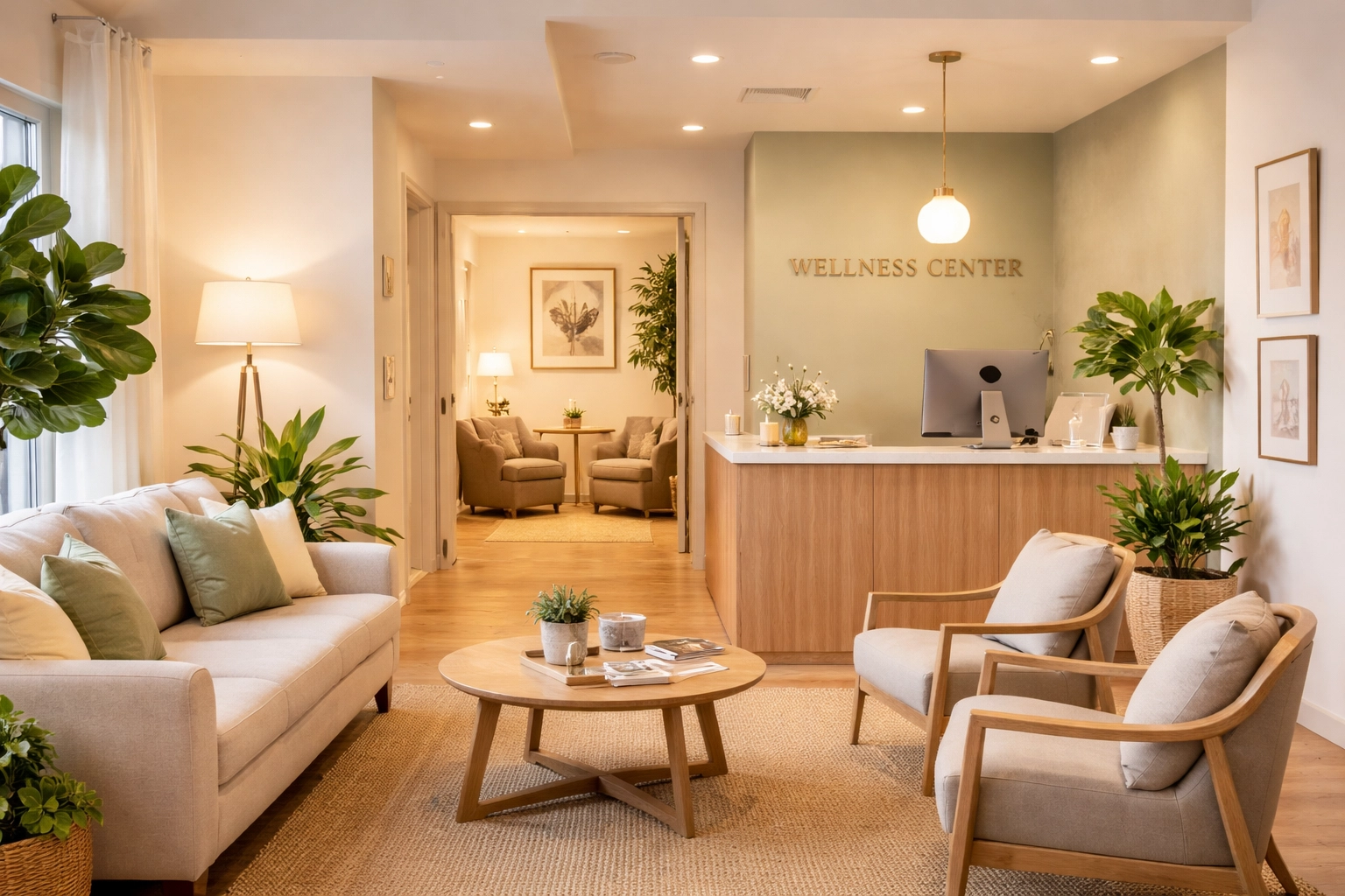 Welcoming medical office reception area at a Las Vegas hair restoration clinic, inviting patients to seek help