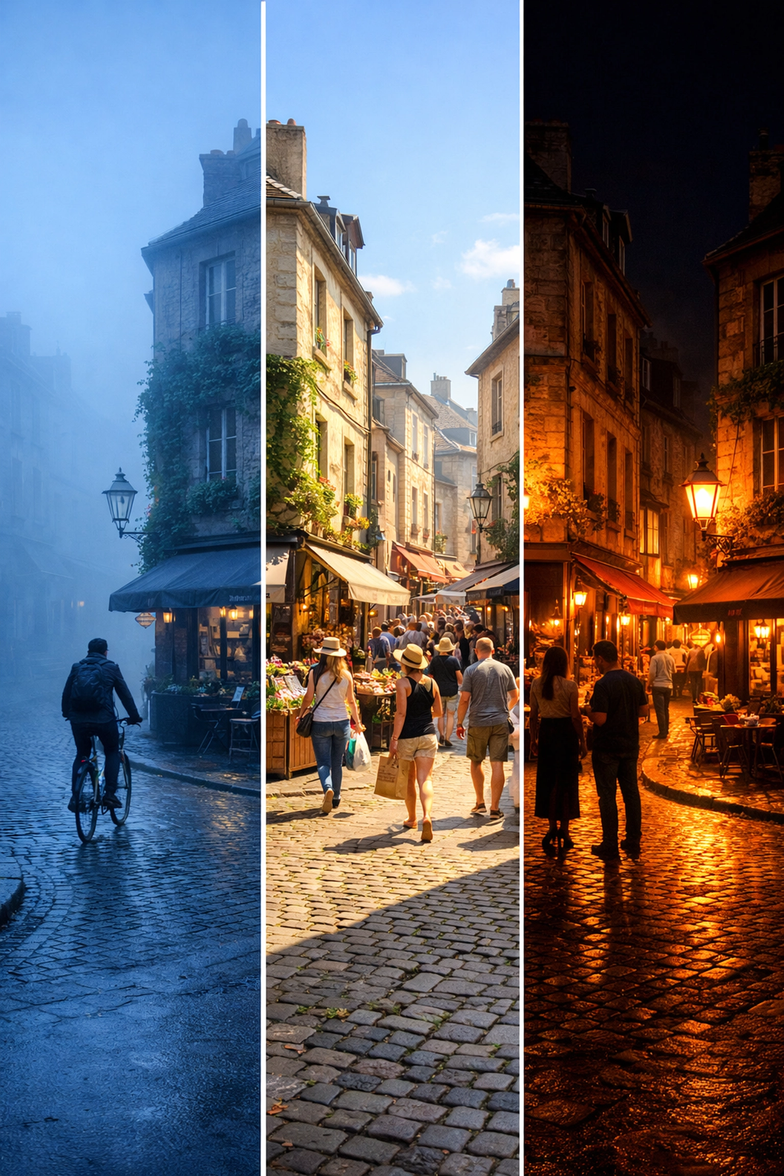 Creative street photography ideas showing a city corner at three different times: morning, noon, and night.