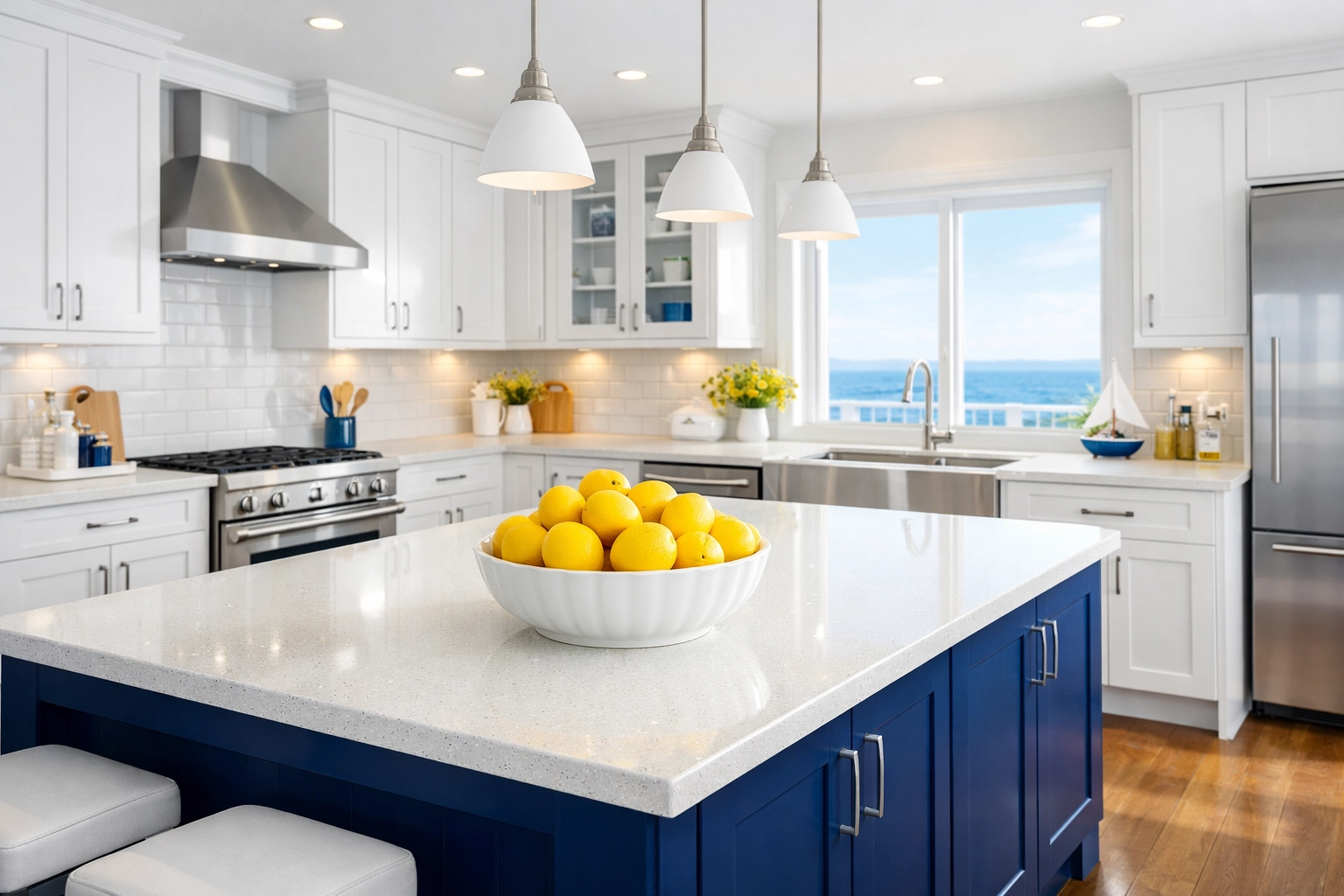 Clean coastal kitchen in Hingham showing the results of weekly house cleaning by The Cleaning Ninjas.