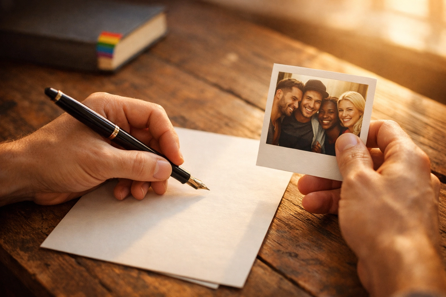 A gay man writing a coming out letter on a sunlit desk with a rainbow pride bookmark.