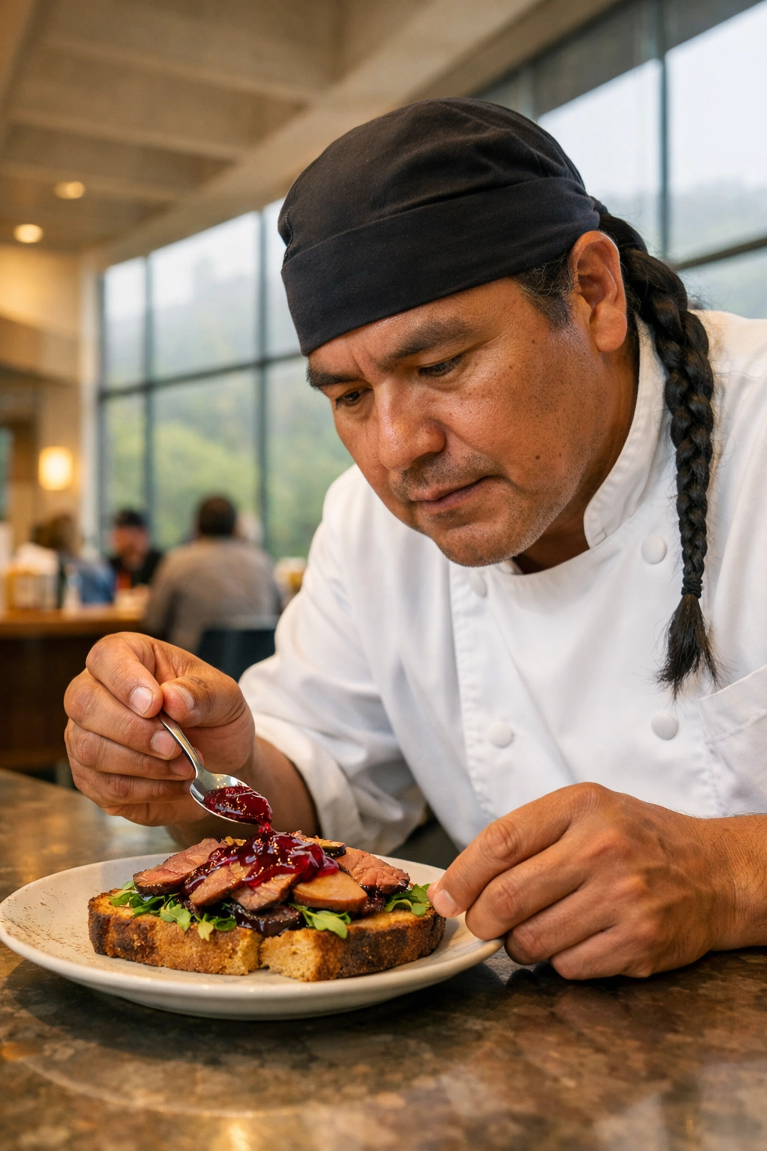 Chef garnishing smoked duck at ammatka, a museum cafe demonstrating successful restaurant feasibility.
