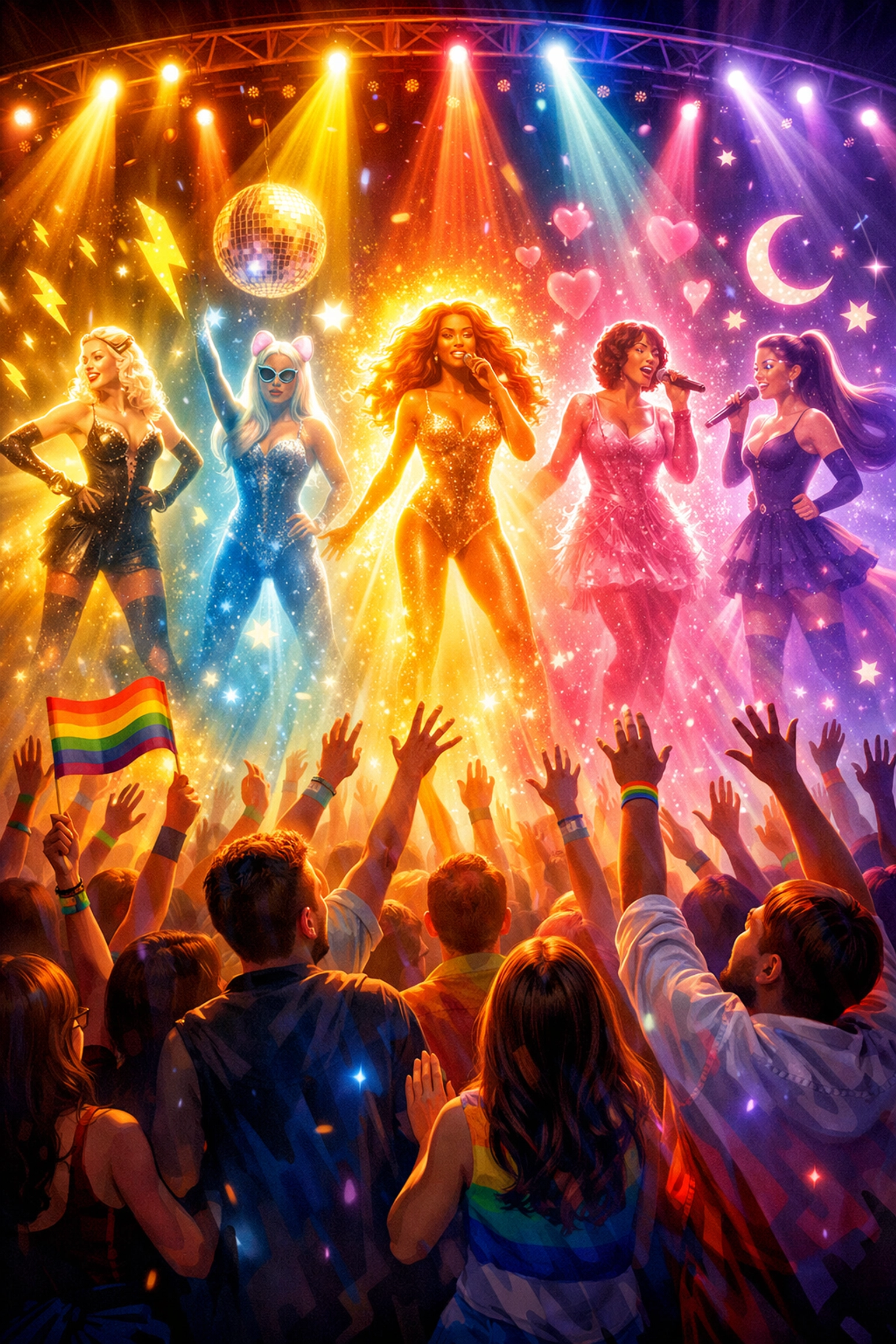 Pop divas performing for diverse LGBTQ+ fans at pride celebration concert