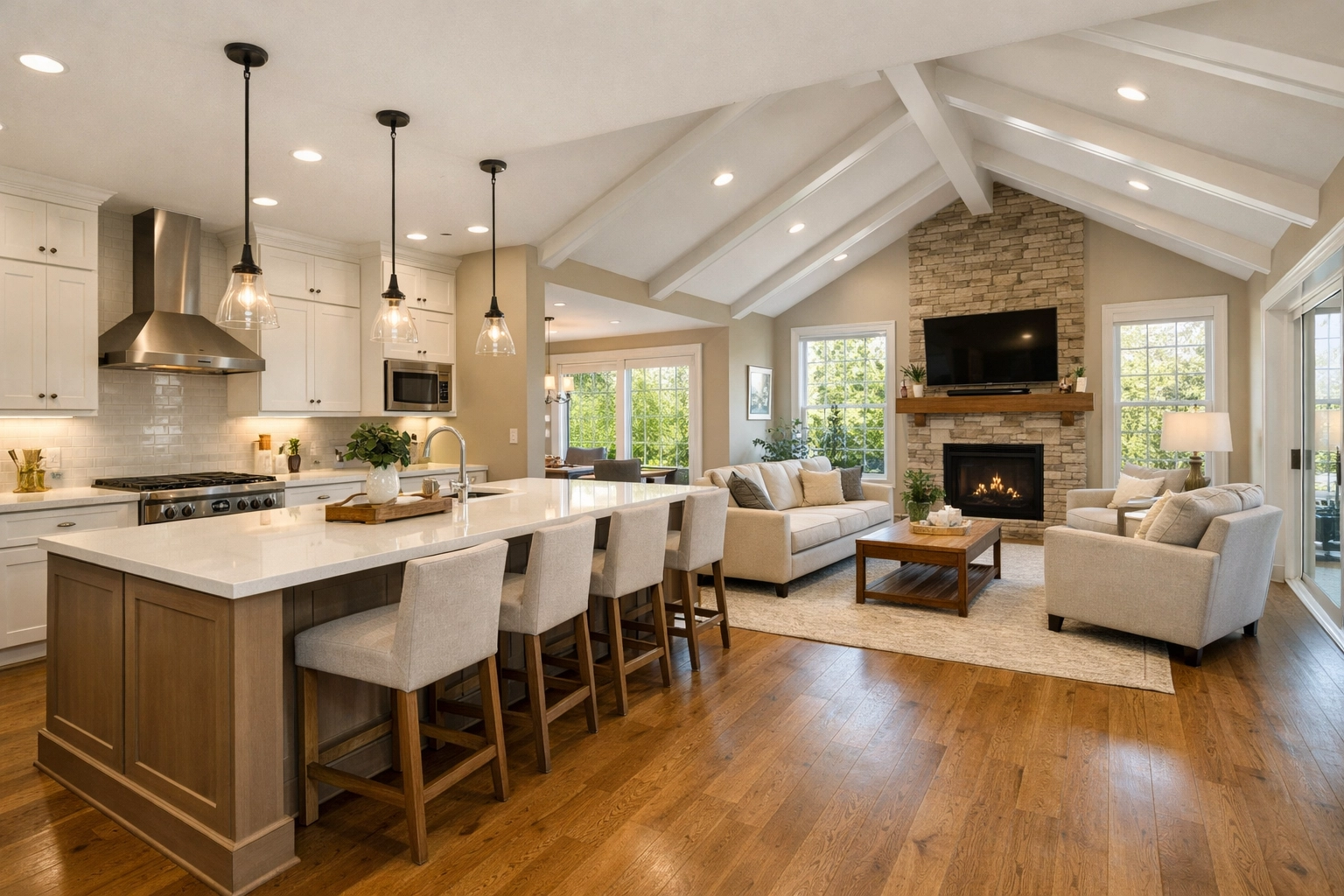 Finished open-concept kitchen and living area in a sun-drenched Central Ohio suburban home.
