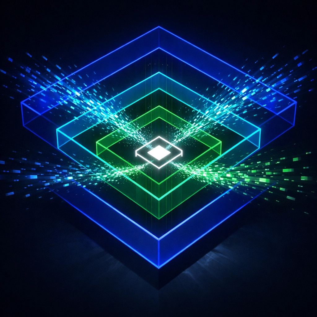 Abstract diagram of four precision context layers used in VibeFlow to reduce enterprise AI token costs.