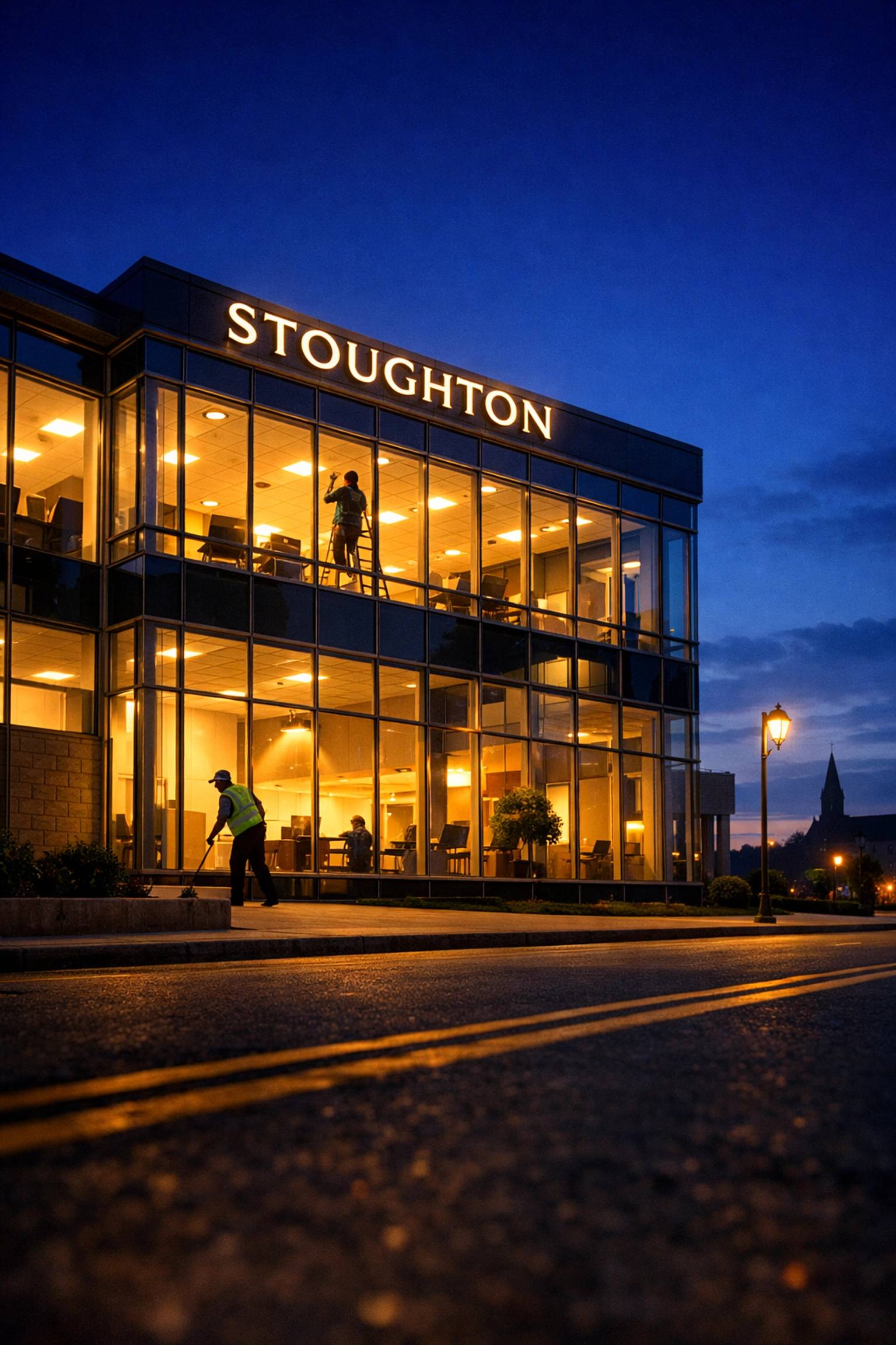 Stoughton commercial office building at night showcasing professional janitorial maintenance.